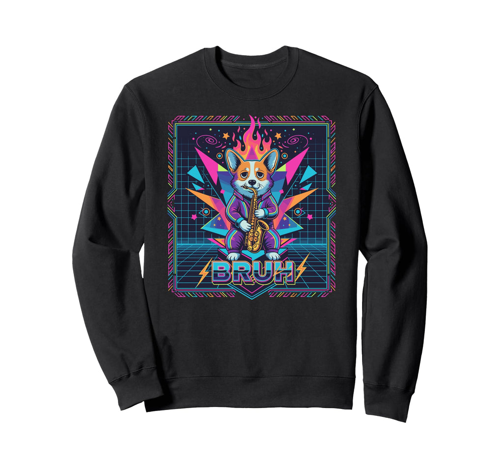 Synthwave Corgi Saxophone Bruh Sweatshirt - Aesthetic Graphic for Adults - T-Shirt, Sweatshirt, Hoodie