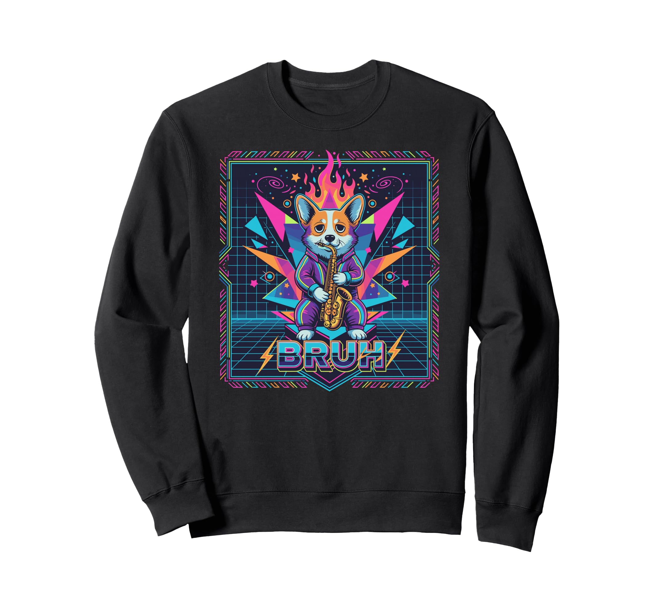 Synthwave Corgi Saxophone Bruh Sweatshirt - Aesthetic Graphic for Adults - T-Shirt, Sweatshirt, Hoodie