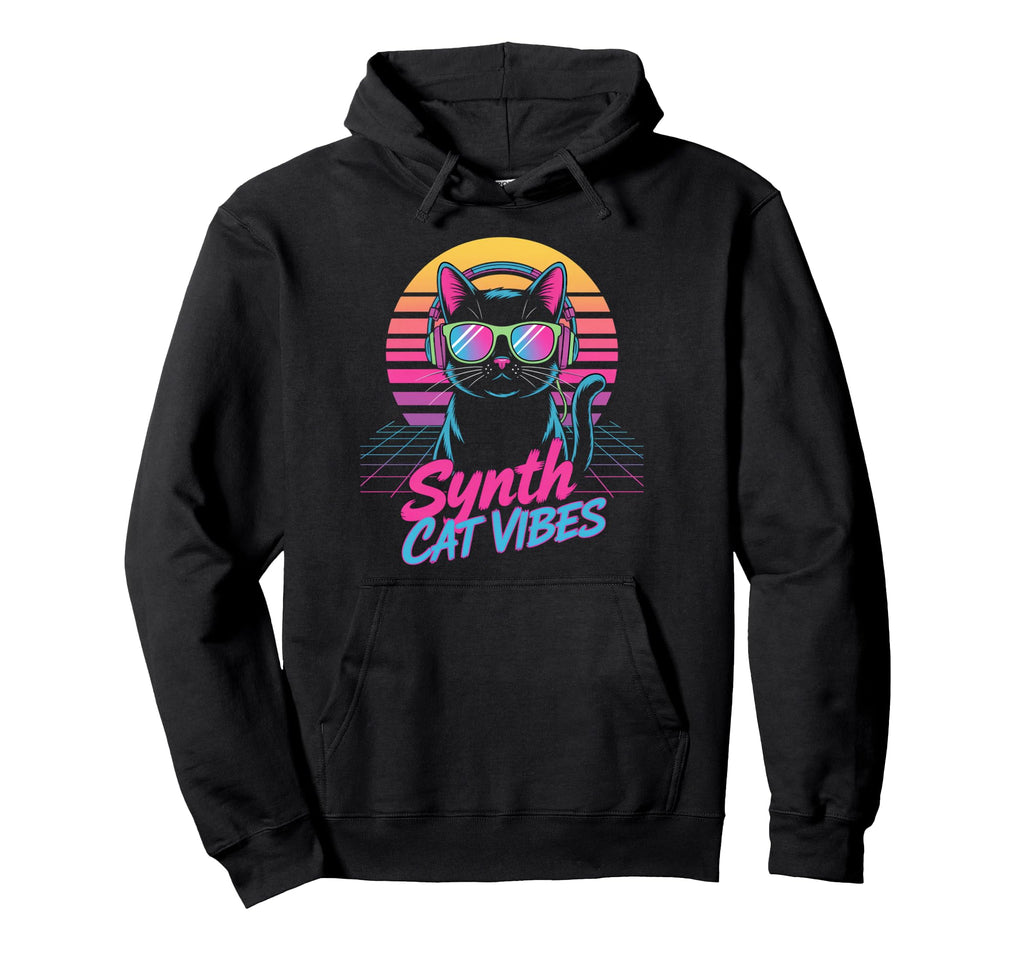 Synth Cat Vibes 80S Dj Kitty Music Hoodie - Graphic Print Unisex - T-Shirt, Sweatshirt, Hoodie