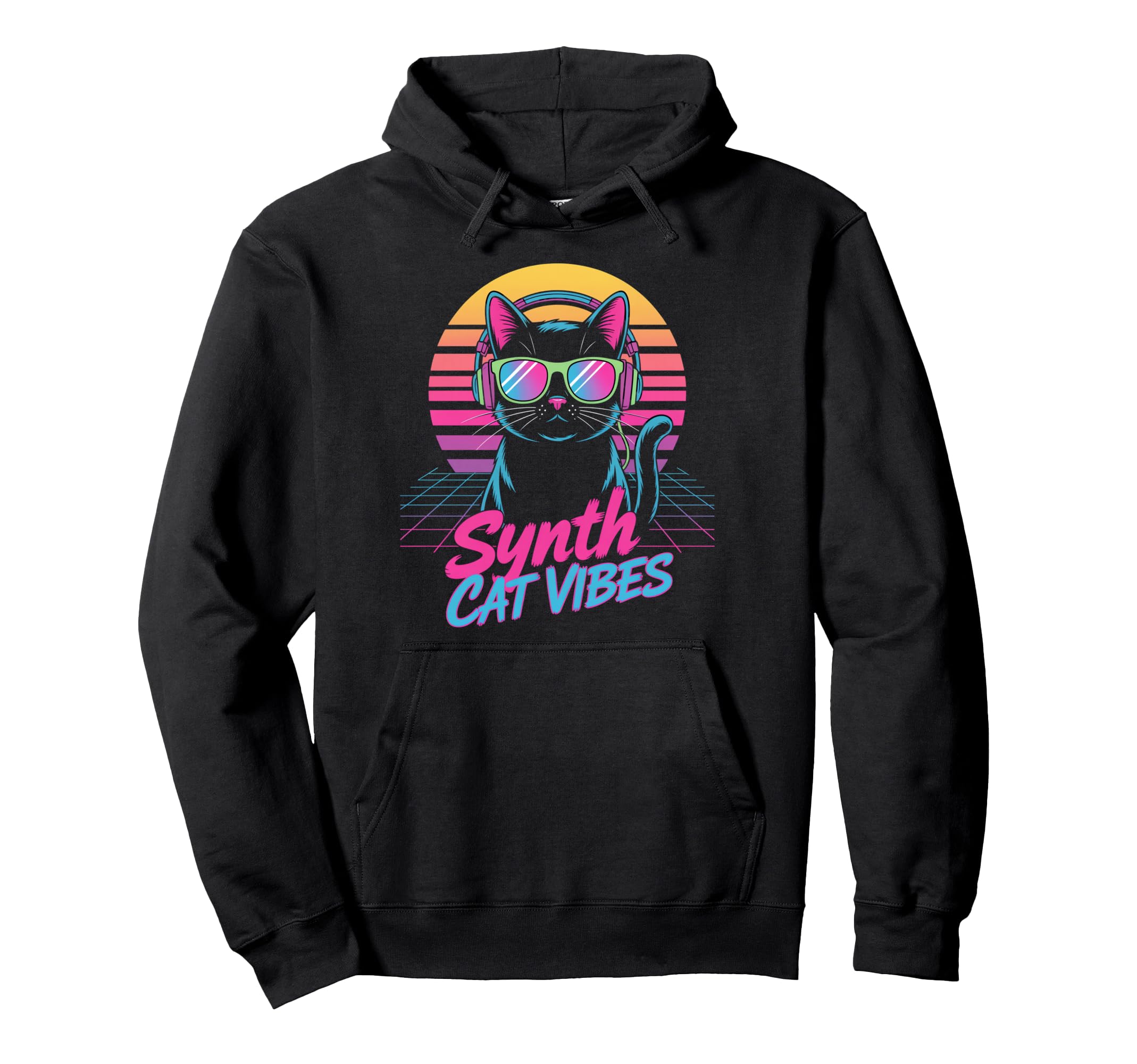 Synth Cat Vibes 80S Dj Kitty Music Hoodie - Graphic Print Unisex - T-Shirt, Sweatshirt, Hoodie
