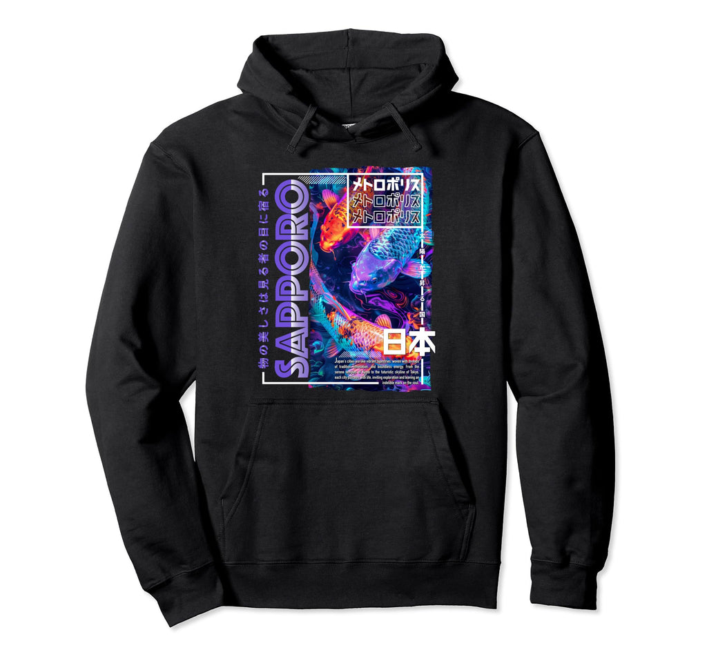 Sapporo City 80S Synthwave Koi Carp Hoodie - Unique Graphic for Adults - T-Shirt, Sweatshirt, Hoodie