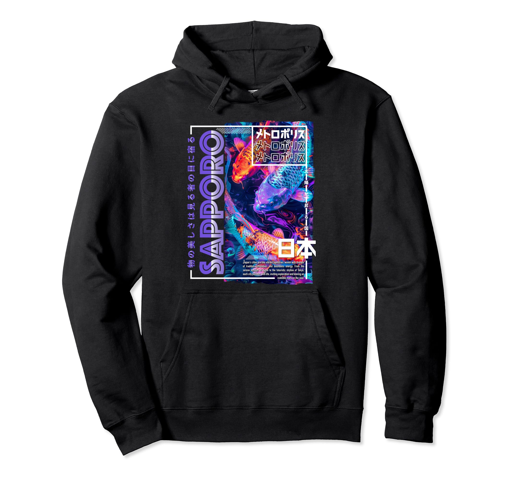 Sapporo City 80S Synthwave Koi Carp Hoodie - Unique Graphic for Adults - T-Shirt, Sweatshirt, Hoodie