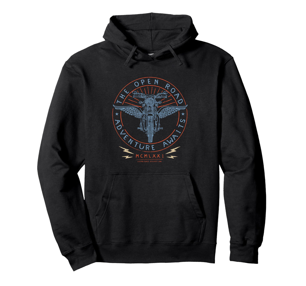 Adventure Awaits Motorcycle Biker Hoodie - Aesthetic Graphic for Adults - T-Shirt, Sweatshirt, Hoodie