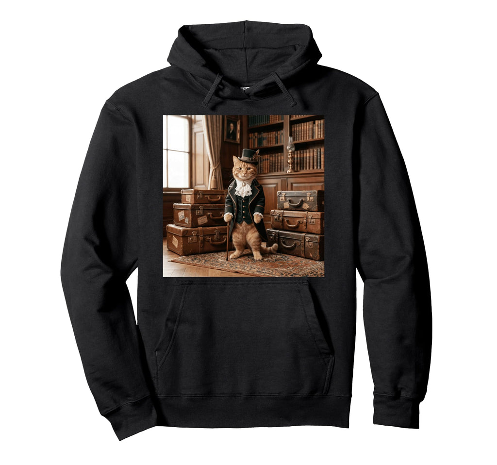 Victorian Cat Travel Scene Suitcase Hoodie - Graphic Print for Adults - T-Shirt, Sweatshirt, Hoodie
