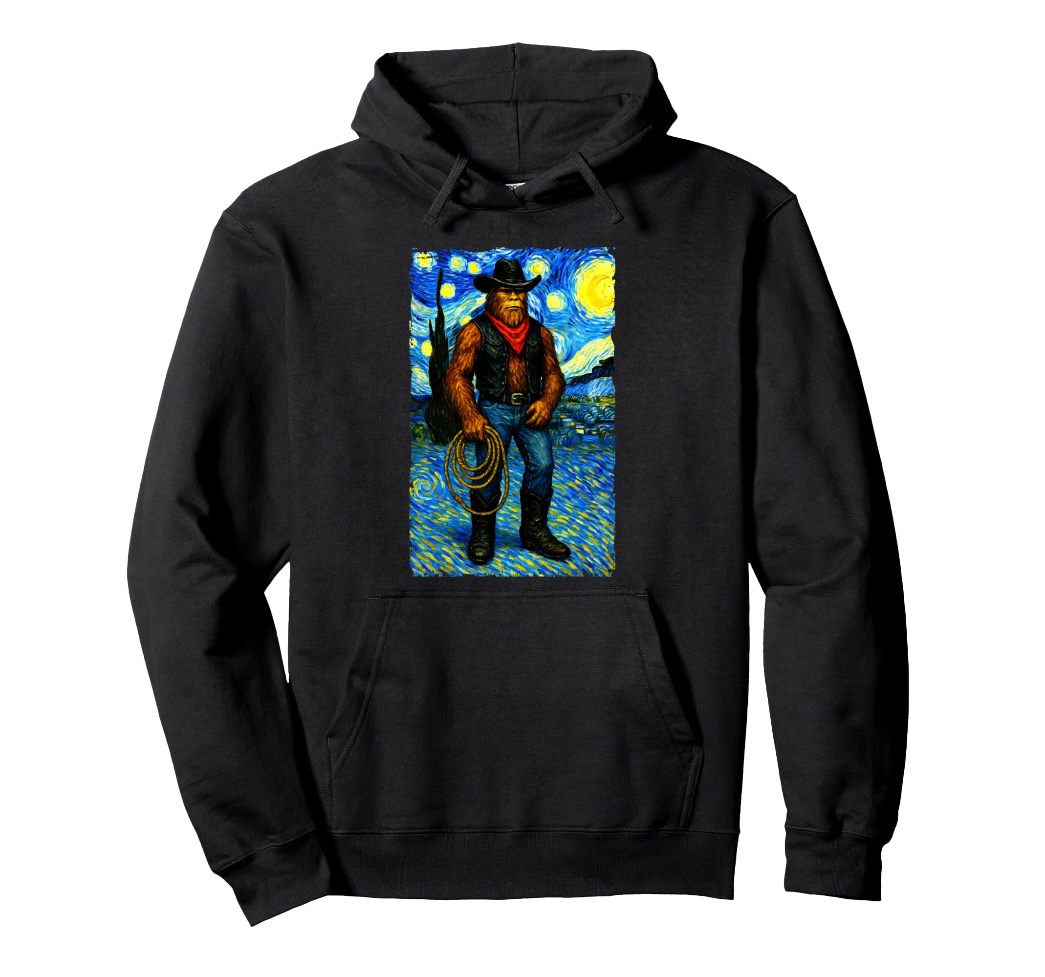 Starry Night Western Bigfoot Cowboy Hoodie - Aesthetic Graphic for Adults - T-Shirt, Sweatshirt, Hoodie