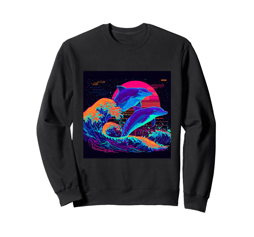 Synthwave Dolphins Ocean Wave Sweatshirt - Trendy Graphic for Adults - T-Shirt, Sweatshirt, Hoodie