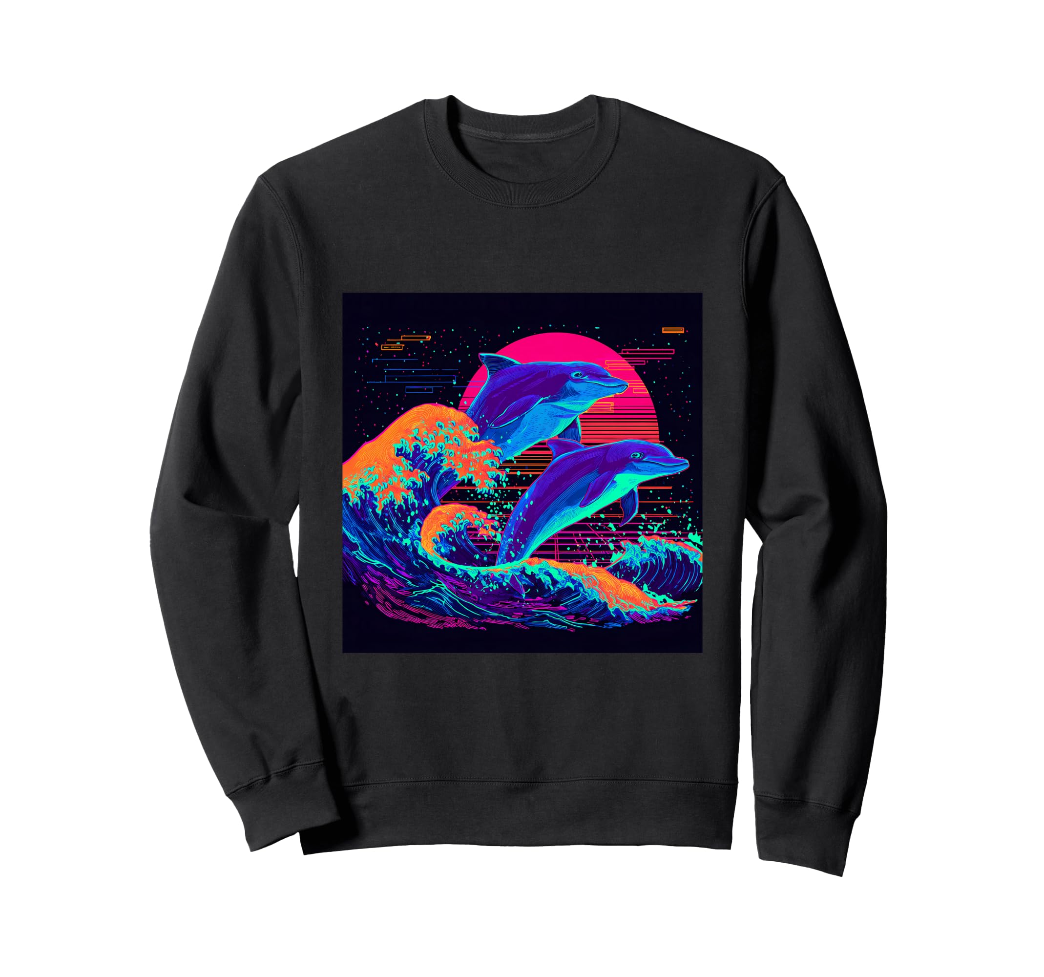 Synthwave Dolphins Ocean Wave Sweatshirt - Trendy Graphic for Adults - T-Shirt, Sweatshirt, Hoodie