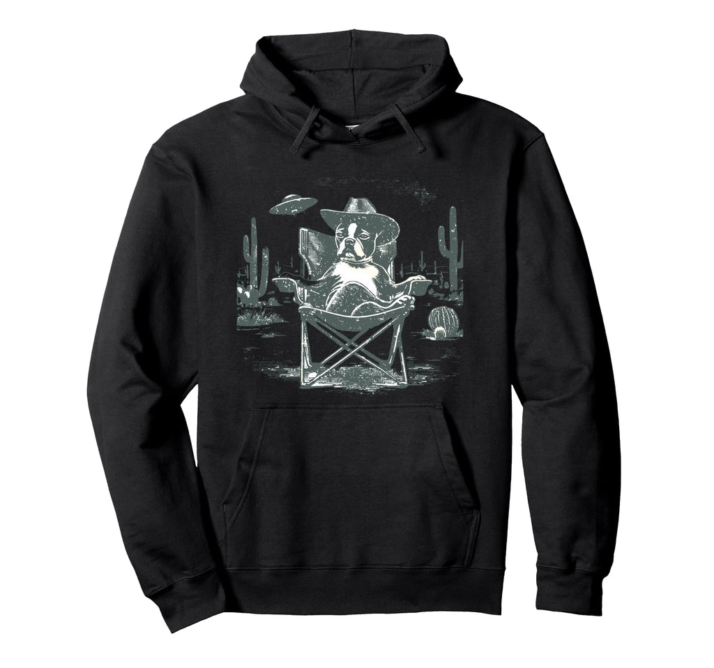 Boston Terrier Ufo Western Hoodie - Unique Graphic Unisex - T-Shirt, Sweatshirt, Hoodie