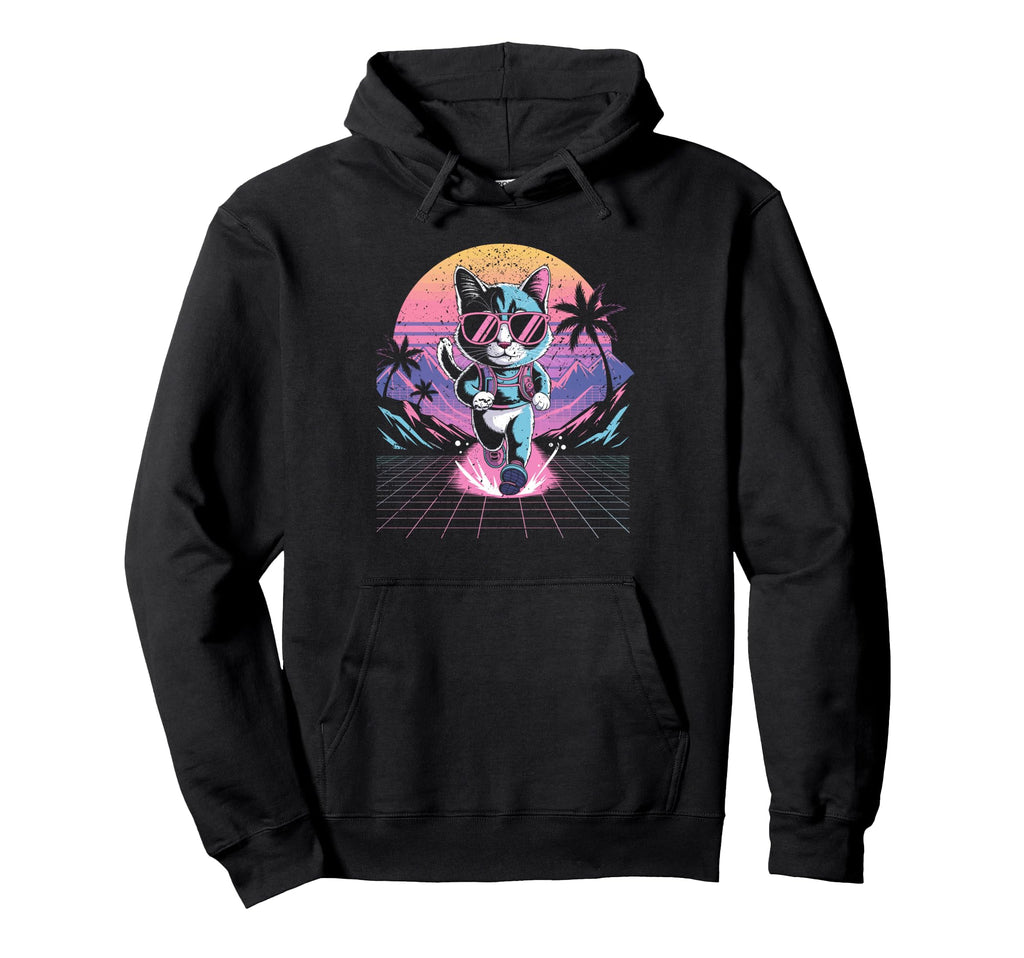 Synthwave Running Cat 80S Vaporwave Hoodie - Trendy Graphic Men Women - T-Shirt, Sweatshirt, Hoodie