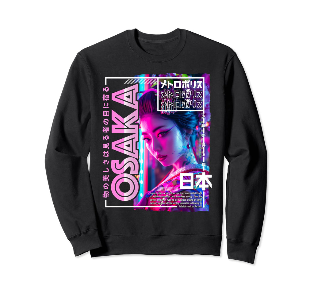 Osaka City 80S Synthwave Geisha Sweatshirt - Unique Graphic for Adults - T-Shirt, Sweatshirt, Hoodie
