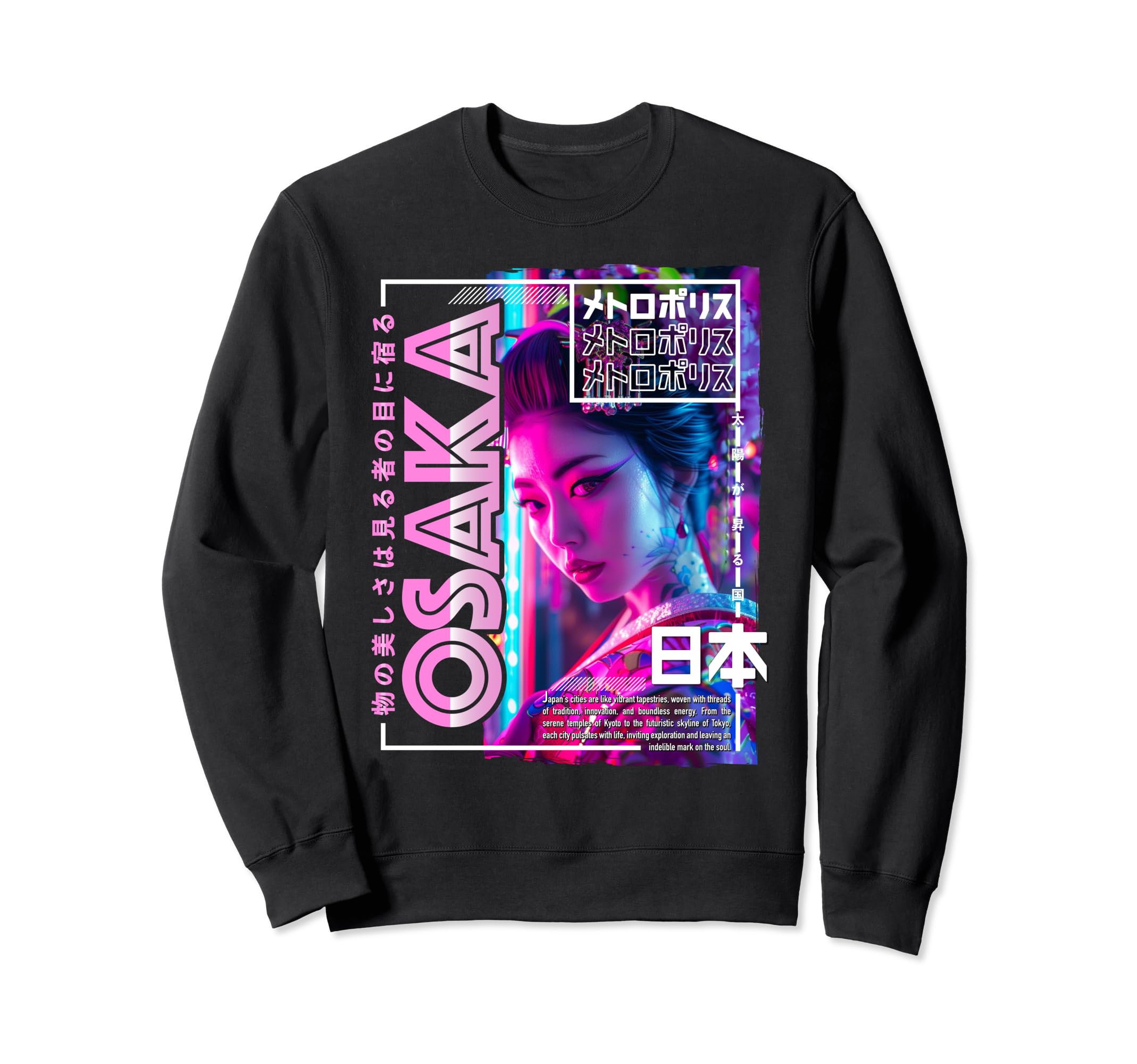 Osaka City 80S Synthwave Geisha Sweatshirt - Unique Graphic for Adults - T-Shirt, Sweatshirt, Hoodie