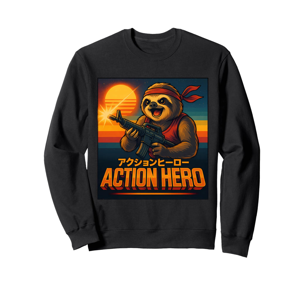 Action Hero Sloth Warrior 80S Sweatshirt - Unique Graphic Men Women - T-Shirt, Sweatshirt, Hoodie