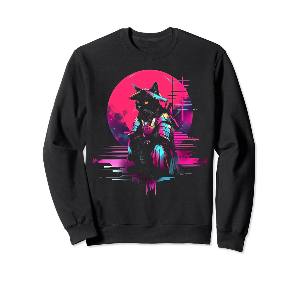 Synthwave Cat Samurai Mediation Sweatshirt - Custom Art Print for Adults - T-Shirt, Sweatshirt, Hoodie