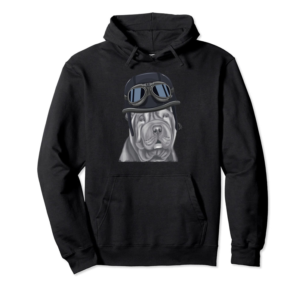Chinese Shar Pei Wearing Motorcycle Hoodie - Minimalist Print for Adults - T-Shirt, Sweatshirt, Hoodie
