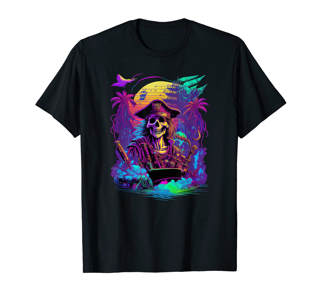 Synthwave Retrowave Pirate Skull T-Shirt - Streetwear Style for Adults - T-Shirt, Sweatshirt, Hoodie