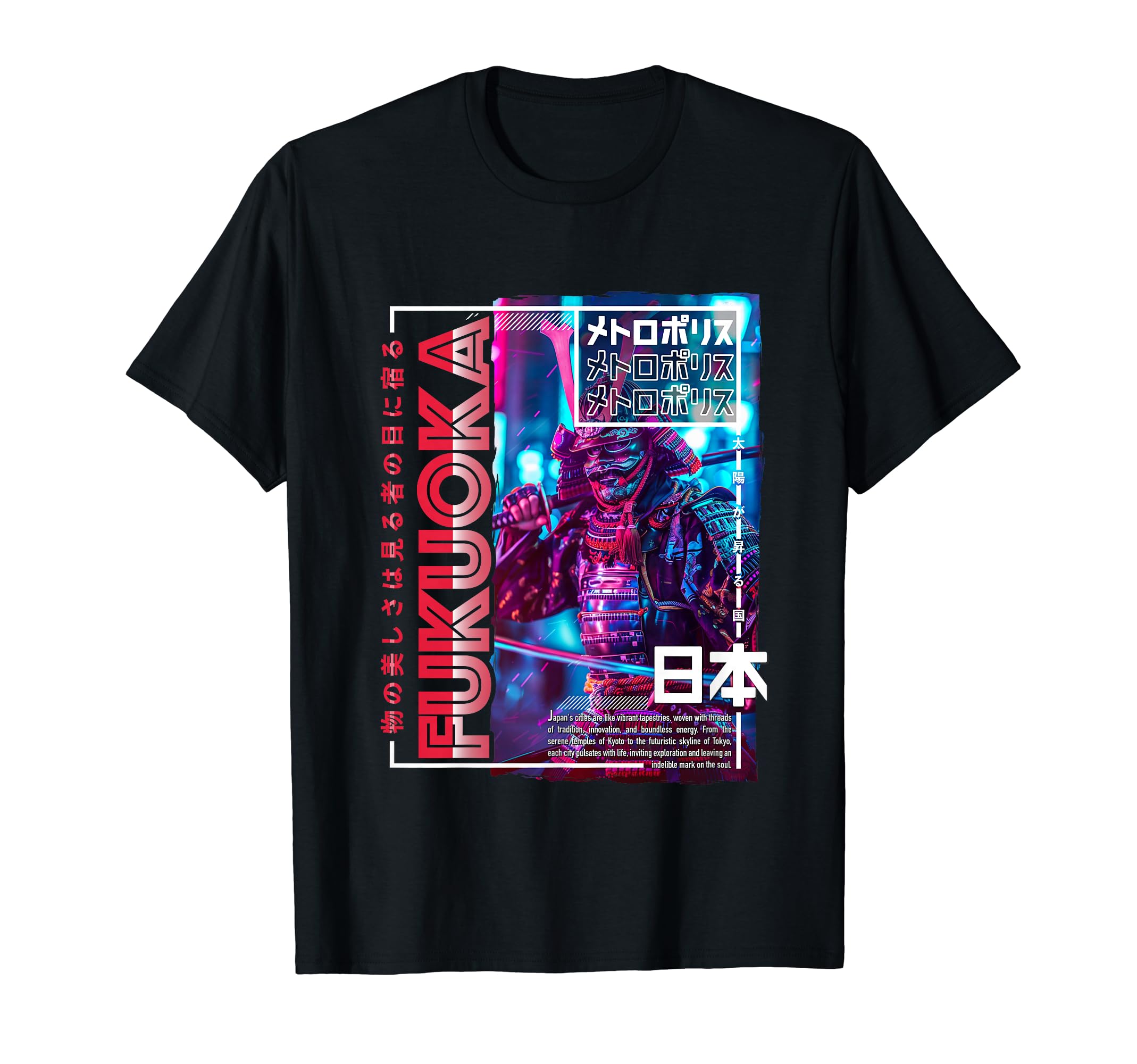 Fukuoka City 80S Synthwave Samurai T-Shirt - Aesthetic Graphic for Adults - T-Shirt, Sweatshirt, Hoodie