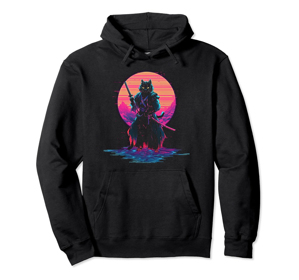 Synthwave Cat Samurai Mediation Hoodie - Trendy Graphic for Adults - T-Shirt, Sweatshirt, Hoodie