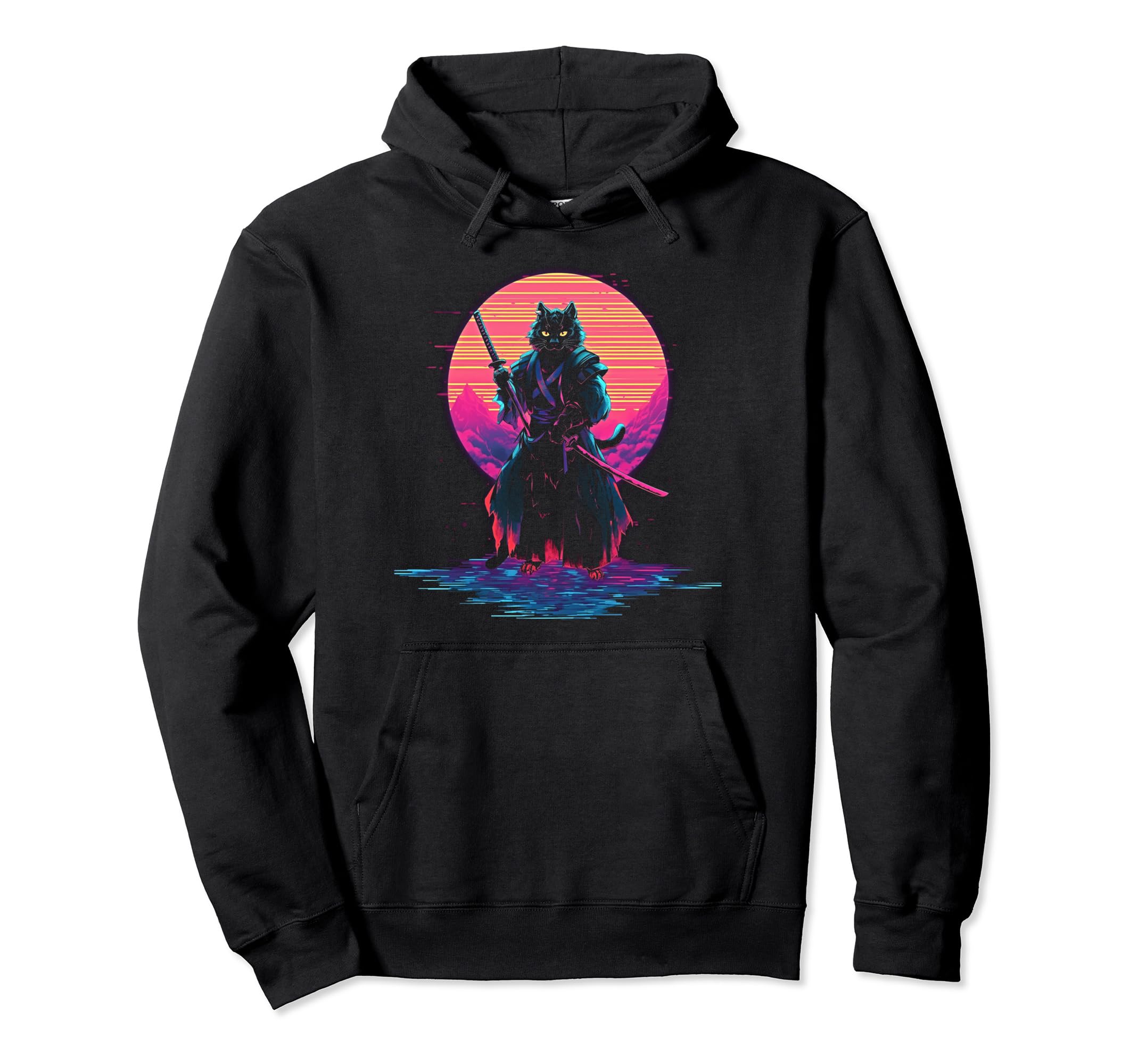 Synthwave Cat Samurai Mediation Hoodie - Trendy Graphic for Adults - T-Shirt, Sweatshirt, Hoodie