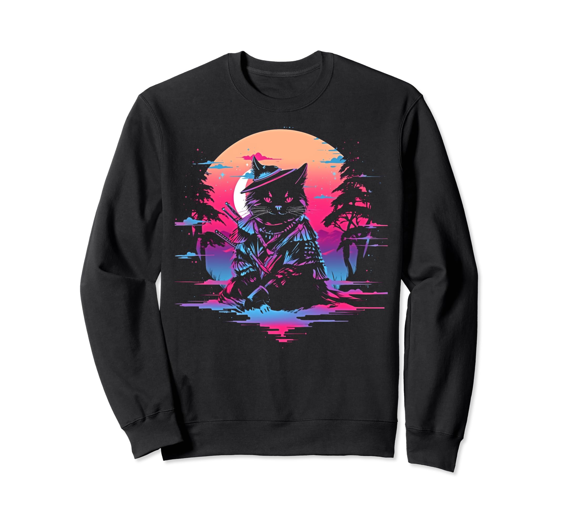 Synthwave Cat Samurai Mediation Sweatshirt - Trendy Graphic for Adults - T-Shirt, Sweatshirt, Hoodie