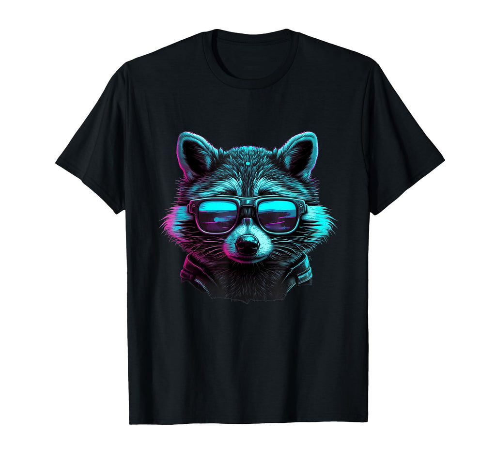 80S Synthwave Raccoon Wearing T-Shirt - Minimalist Print Men Women - T-Shirt, Sweatshirt, Hoodie