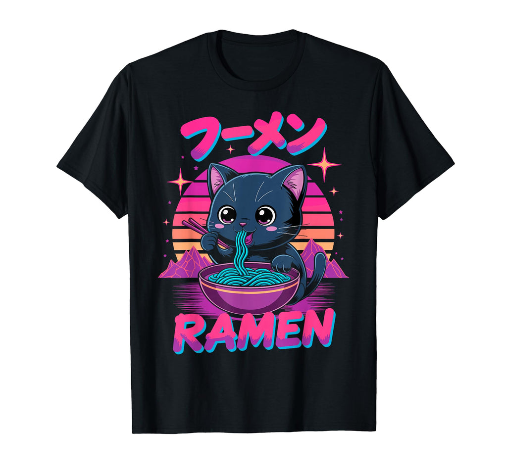 Synthwave Cat Ramen Anime Noodle Japanese T-Shirt - Unique Graphic Unisex - T-Shirt, Sweatshirt, Hoodie