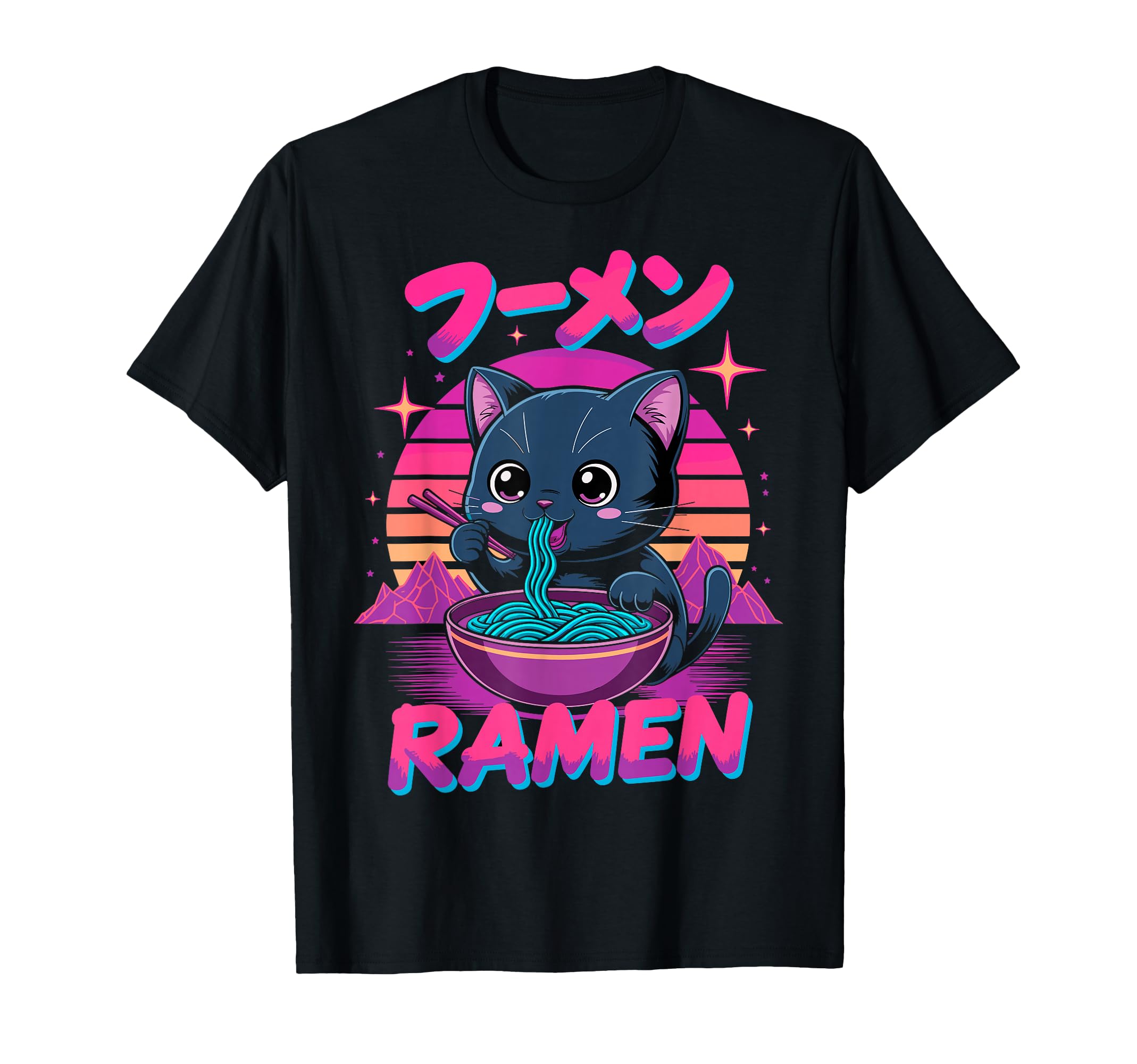 Synthwave Cat Ramen Anime Noodle Japanese T-Shirt - Unique Graphic Unisex - T-Shirt, Sweatshirt, Hoodie