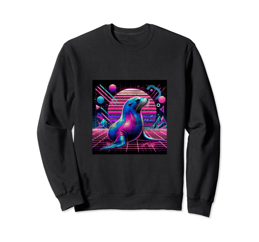 80S Sea Lion Synthwave Ocean Sweatshirt - Aesthetic Graphic for Adults - T-Shirt, Sweatshirt, Hoodie