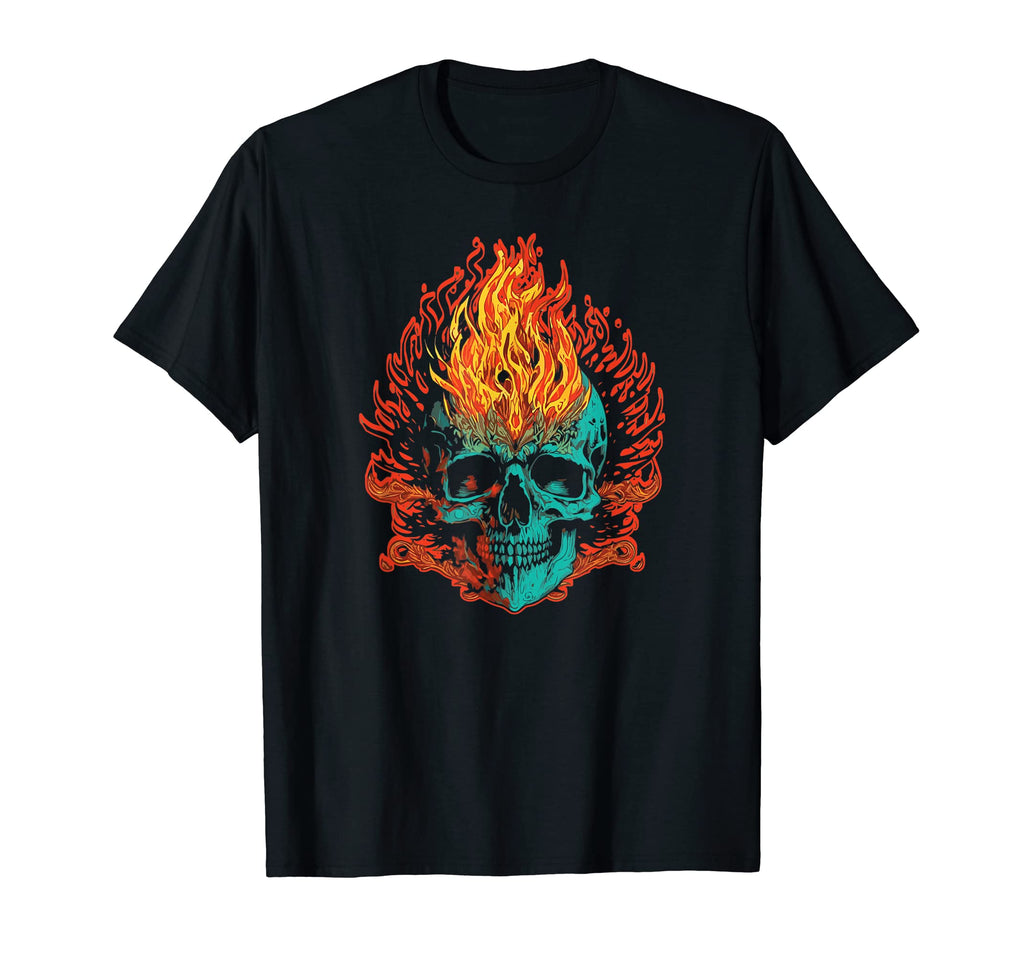 Fiery Flaming Skull Awesome Motorcycle T-Shirt - Graphic Print Unisex - T-Shirt, Sweatshirt, Hoodie