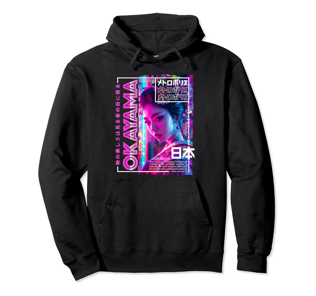 Okayama City 80S Synthwave Geisha Japan Hoodie - Unique Graphic Unisex - T-Shirt, Sweatshirt, Hoodie