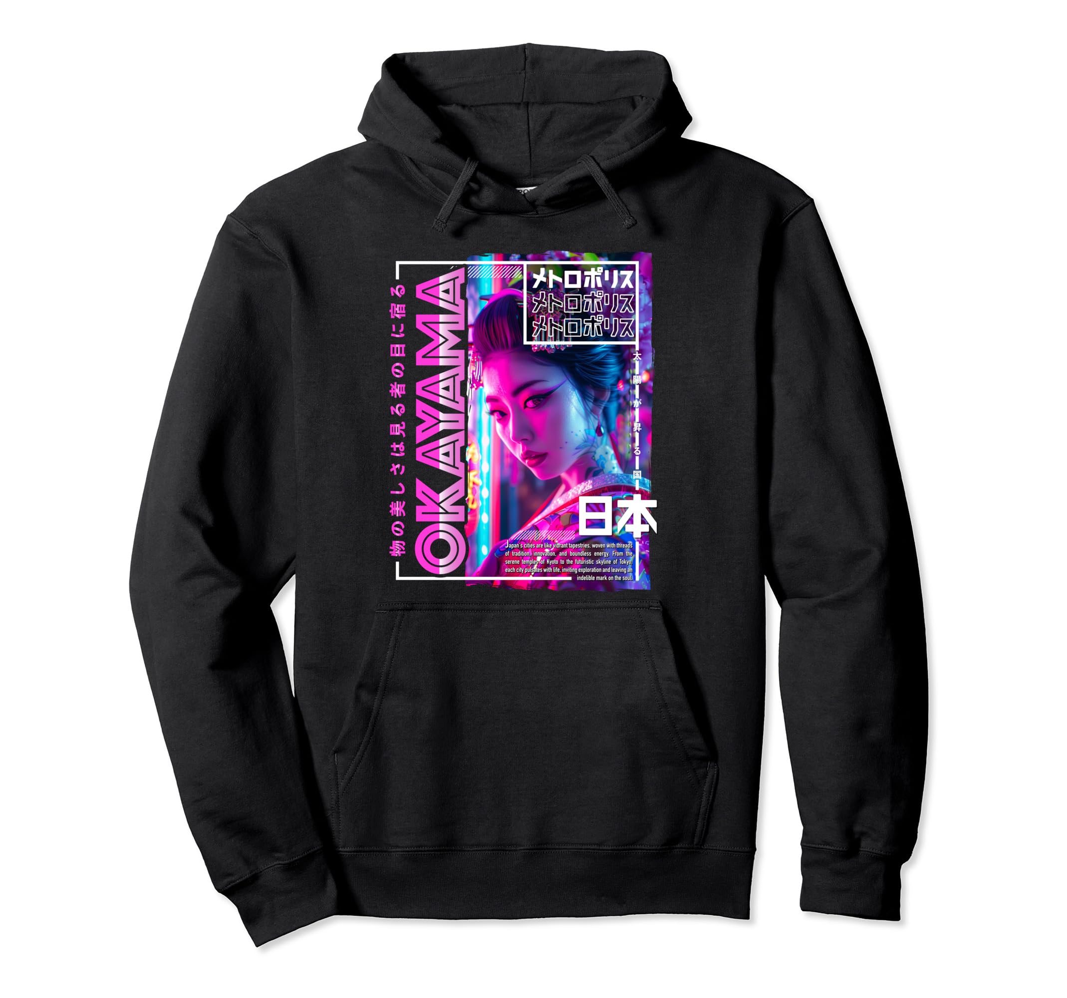 Okayama City 80S Synthwave Geisha Japan Hoodie - Unique Graphic Unisex - T-Shirt, Sweatshirt, Hoodie