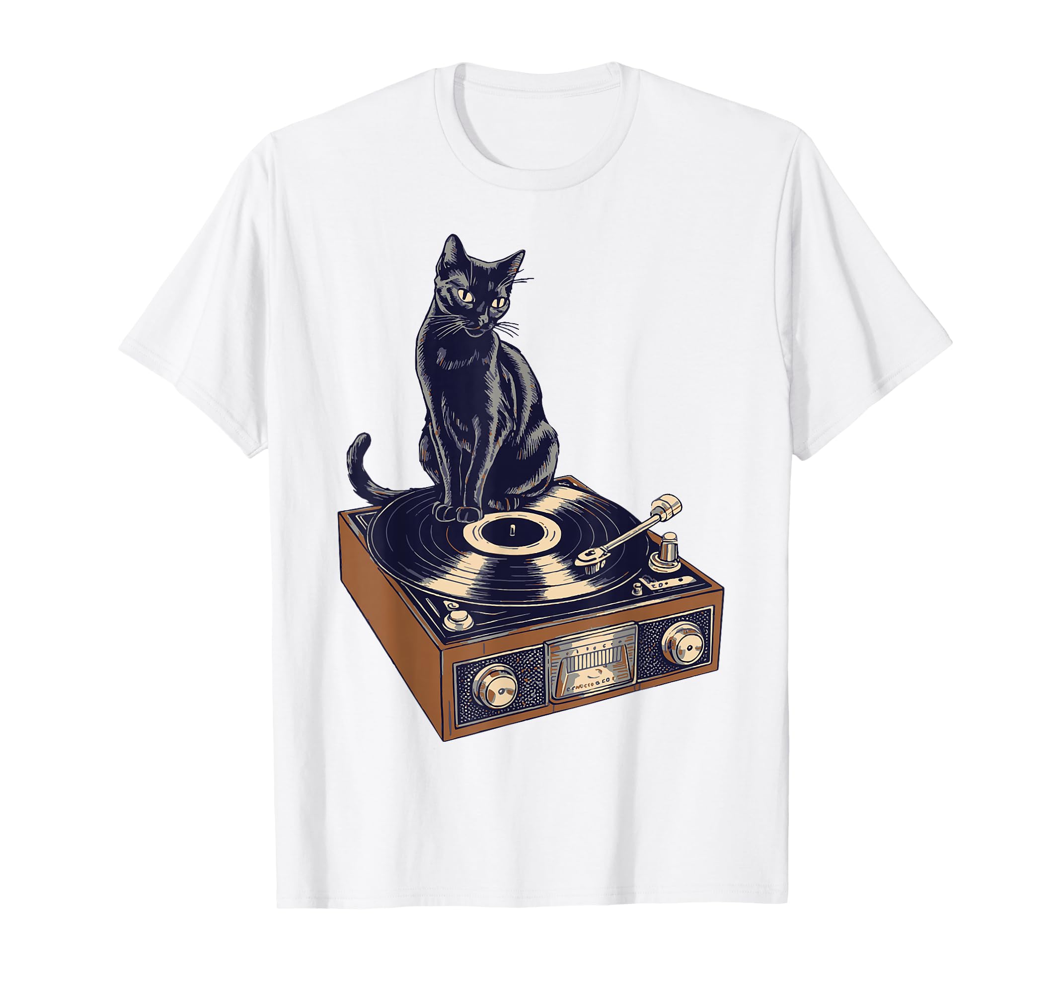 Black Cat Sitting Vinyl Record Player T-Shirt - Novelty Apparel Men Women - T-Shirt, Sweatshirt, Hoodie