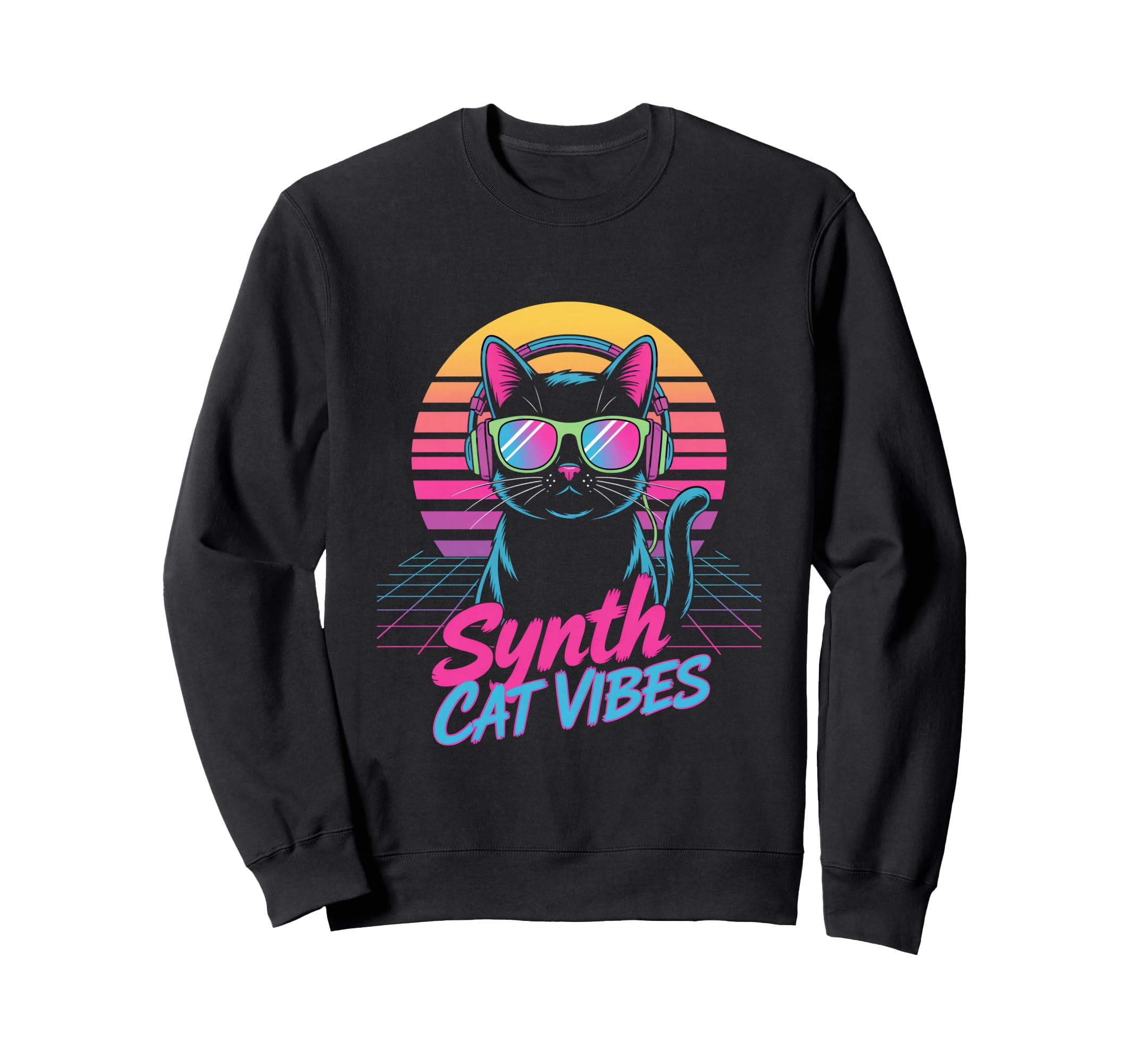 Synth Cat Vibes 80S Dj Kitty Music Sweatshirt - Trendy Graphic Unisex - T-Shirt, Sweatshirt, Hoodie
