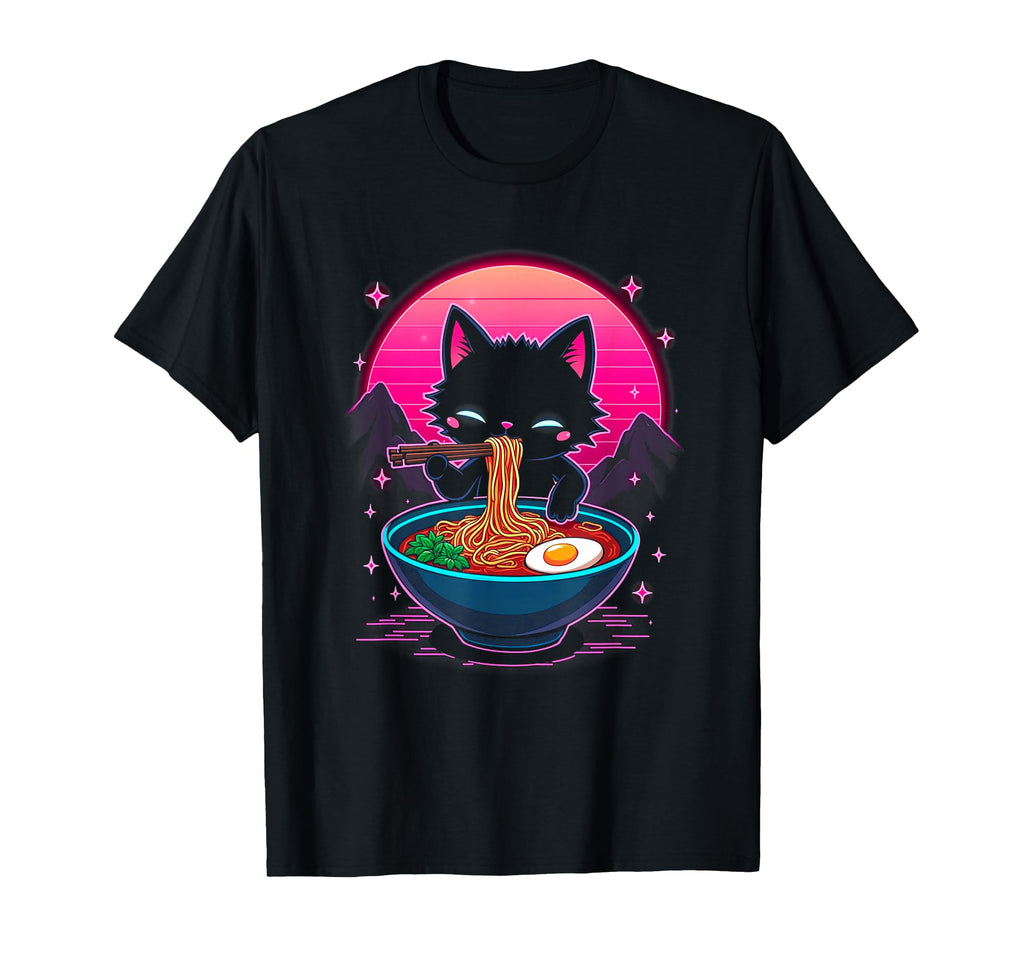 Synthwave Cat Ramen Anime Noodle T-Shirt - Trendy Graphic Men Women - T-Shirt, Sweatshirt, Hoodie