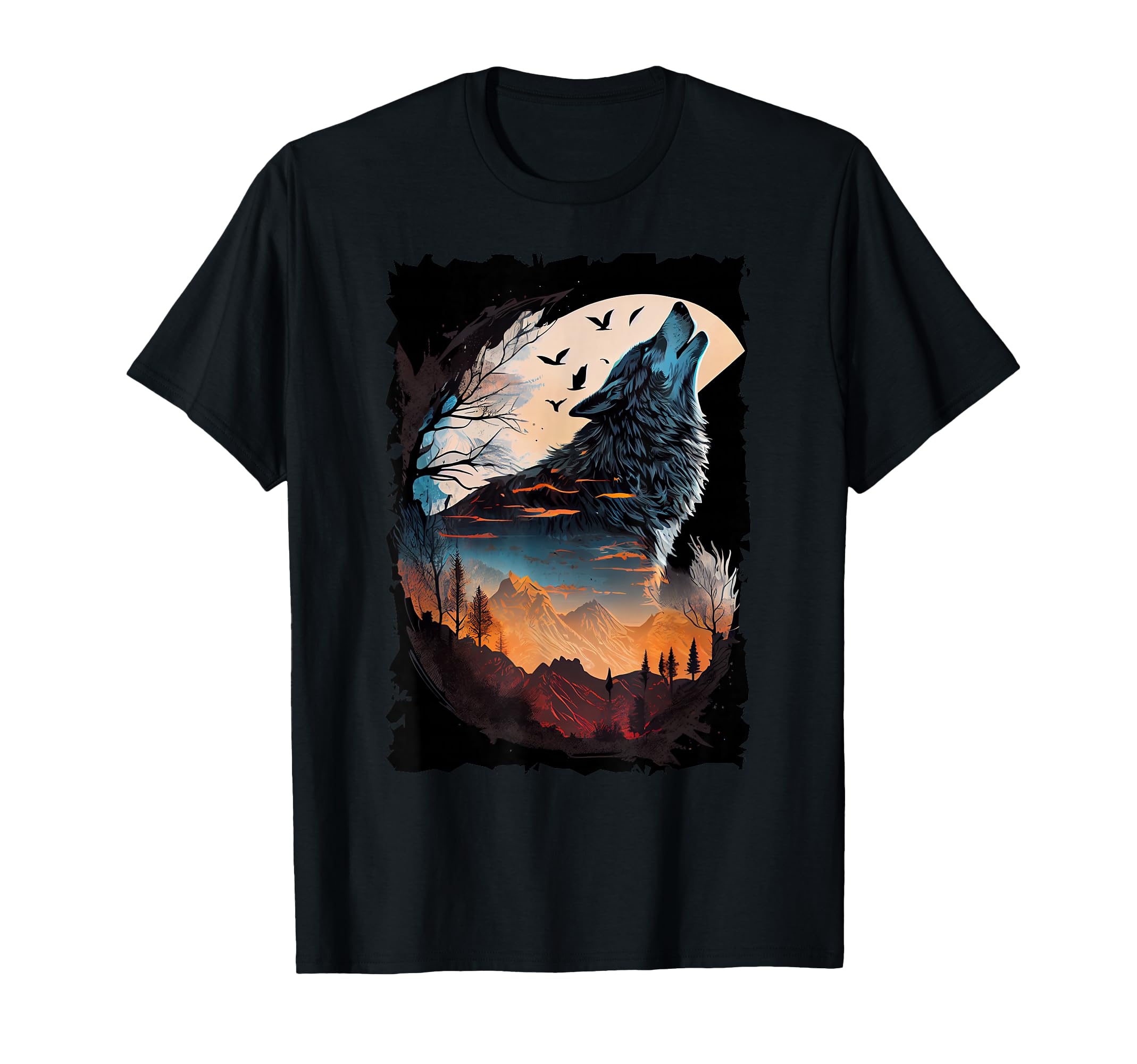 Wolf Mountain Sunset Wildlife T-Shirt - Fun Novelty Design Men Women - T-Shirt, Sweatshirt, Hoodie