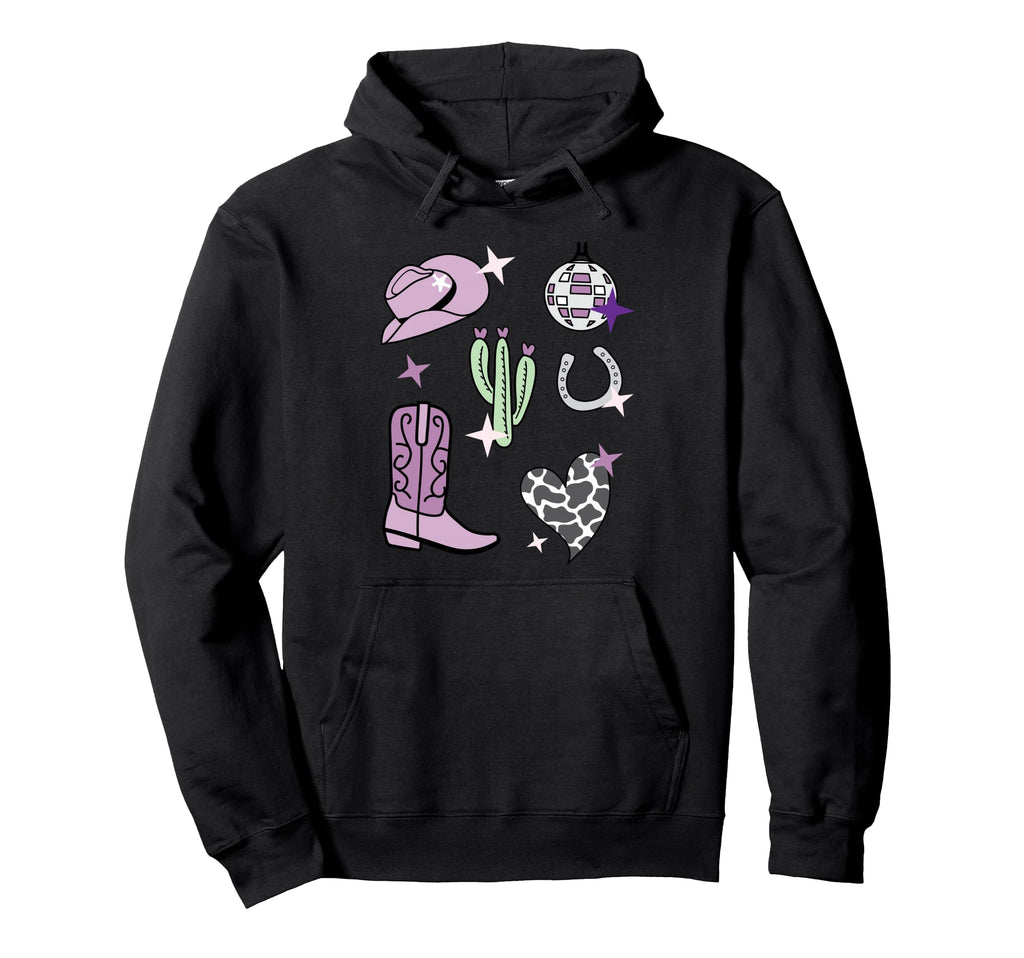 Cowboy Hat Boot Disco Ball Pattern Lilac Hoodie - Graphic Print Unisex - T-Shirt, Sweatshirt, Hoodie