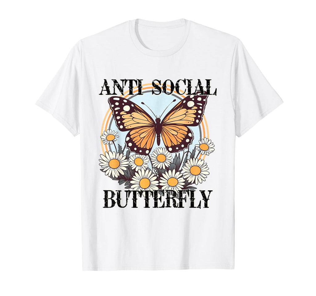 Anti Social Butterfly Daisy Flowers T-Shirt - Minimalist Print Men Women - T-Shirt, Sweatshirt, Hoodie