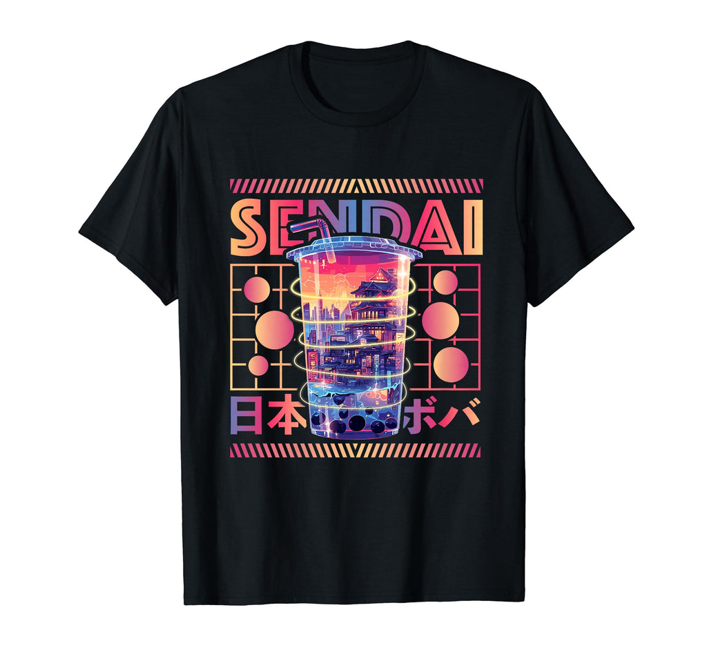 Sendai City 80S Synthwave Boba Tea T-Shirt - Aesthetic Graphic for Adults - T-Shirt, Sweatshirt, Hoodie