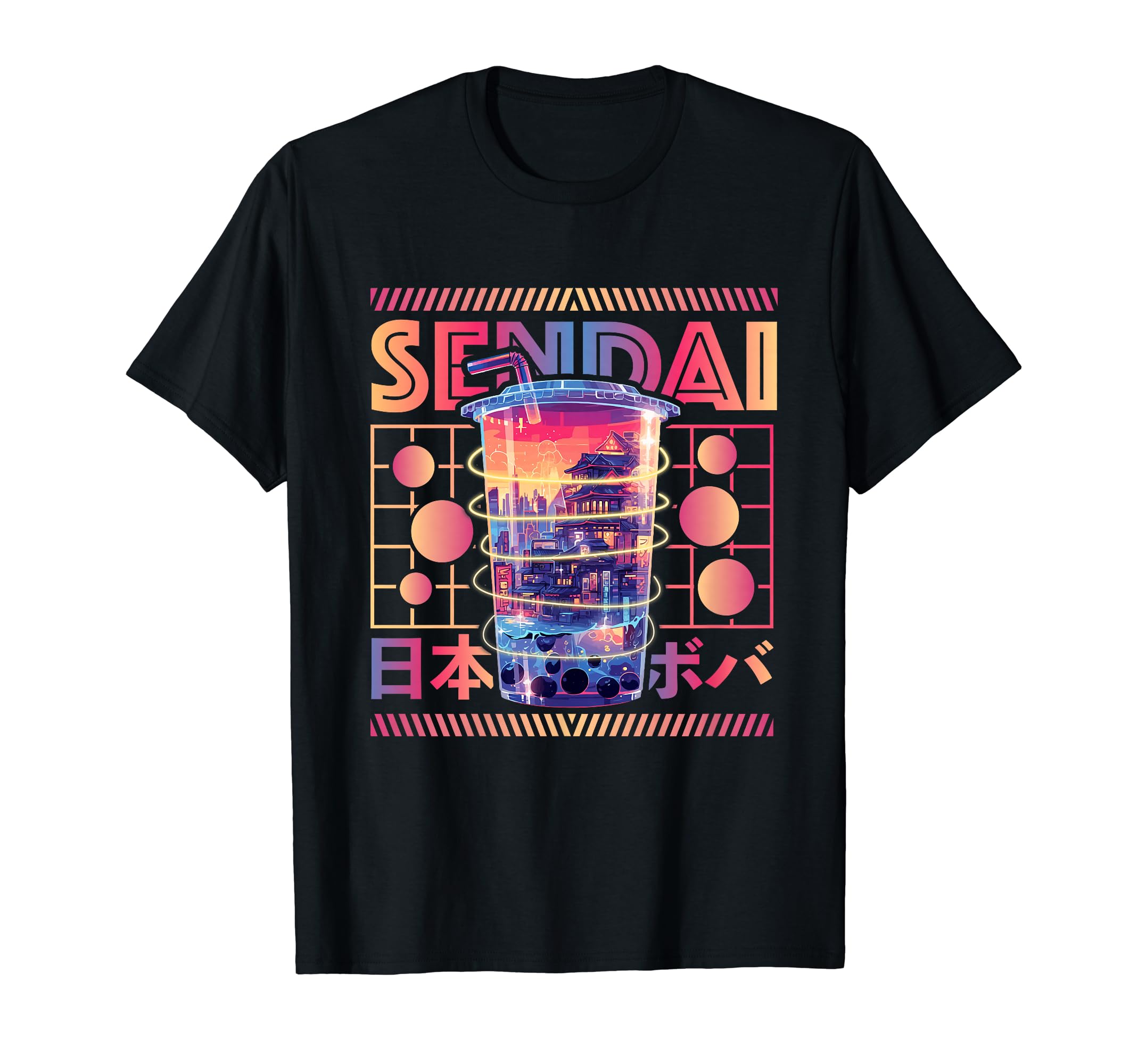 Sendai City 80S Synthwave Boba Tea T-Shirt - Aesthetic Graphic for Adults - T-Shirt, Sweatshirt, Hoodie