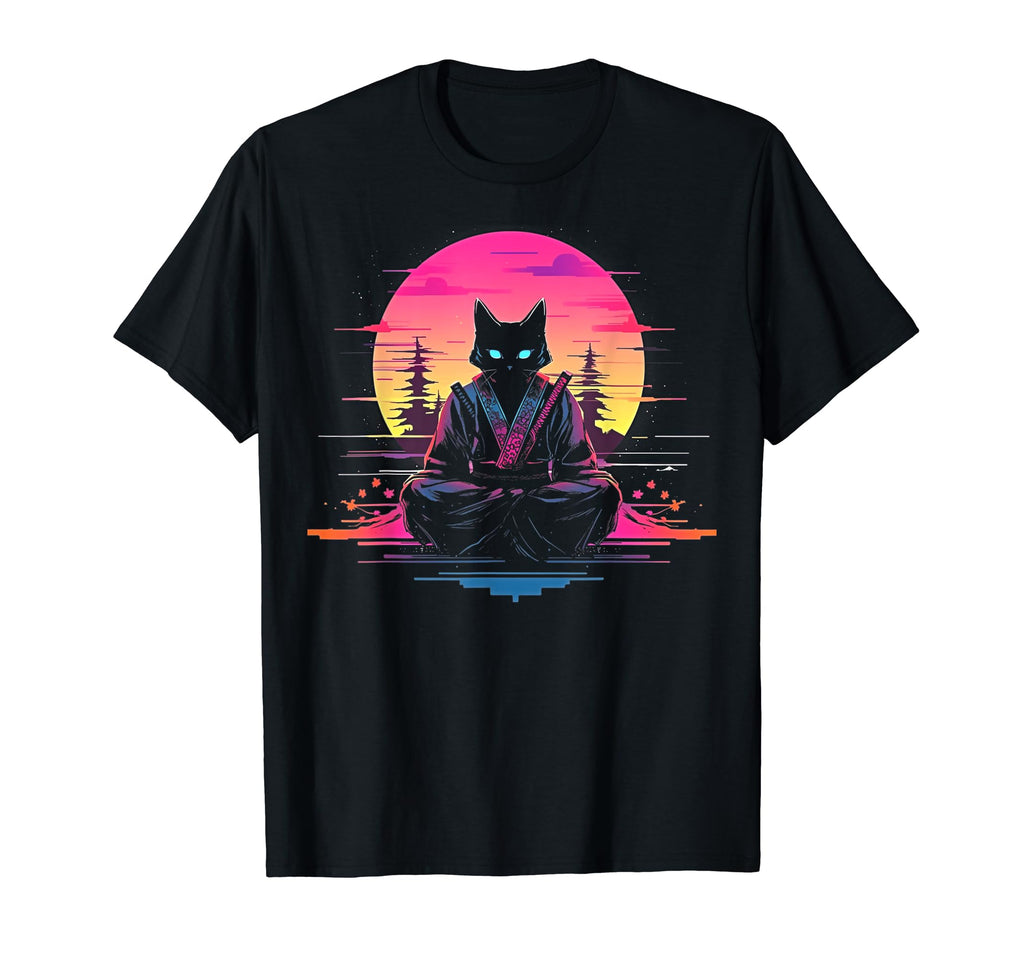 Synthwave Cat Samurai Mediation T-Shirt - Unique Graphic for Adults - T-Shirt, Sweatshirt, Hoodie