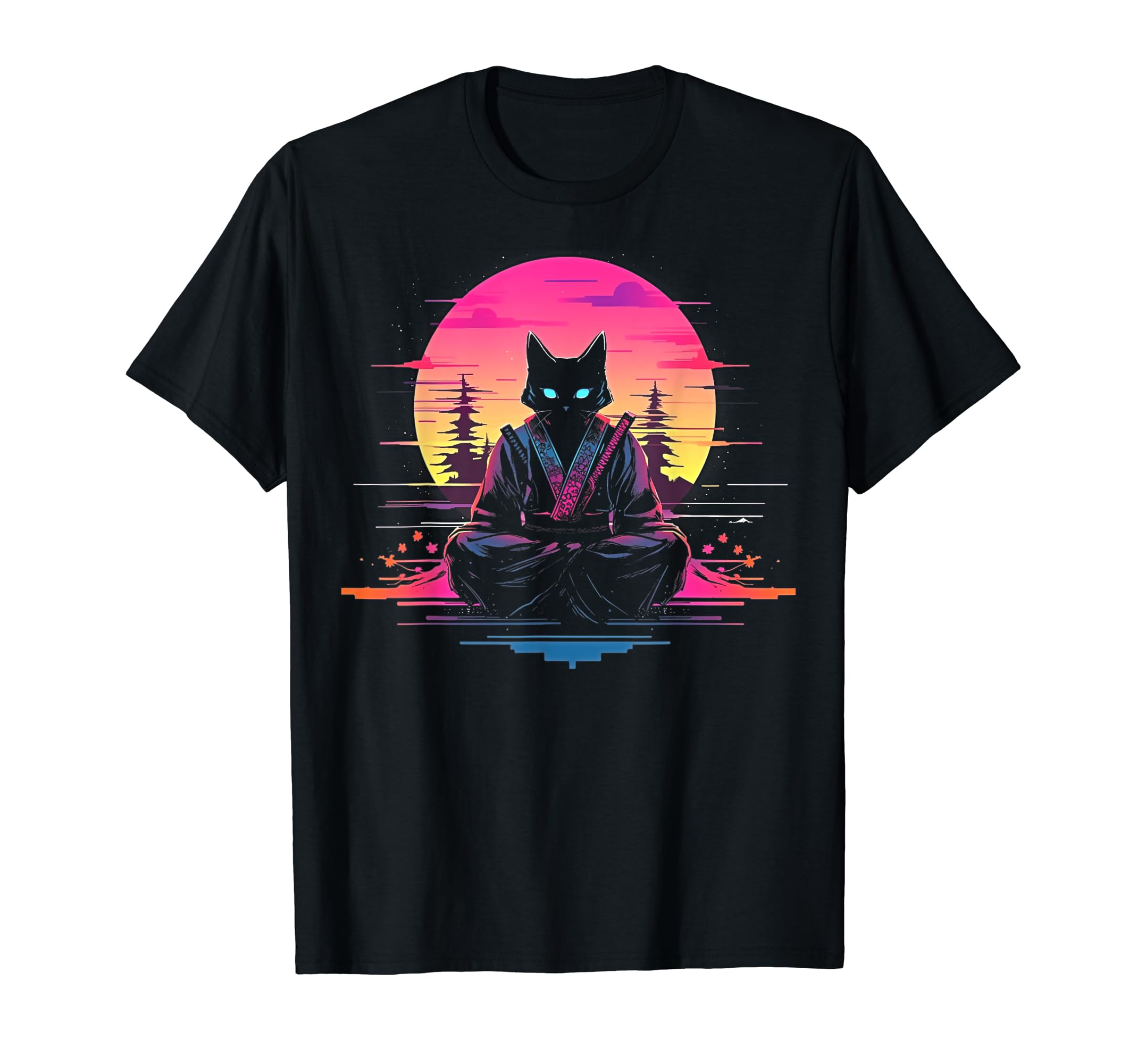 Synthwave Cat Samurai Mediation T-Shirt - Unique Graphic for Adults - T-Shirt, Sweatshirt, Hoodie