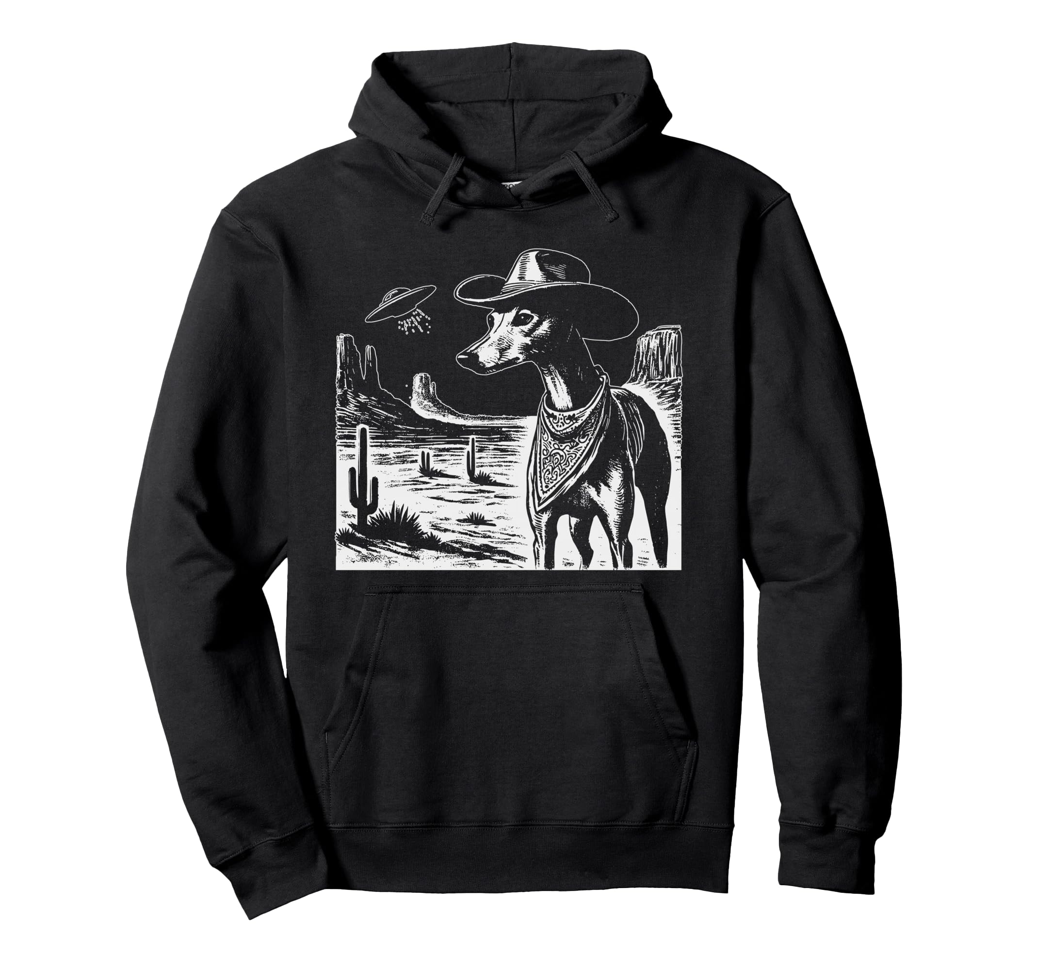 Greyhound Ufo Alien Western Cowboy Hoodie - Graphic Print Men Women - T-Shirt, Sweatshirt, Hoodie