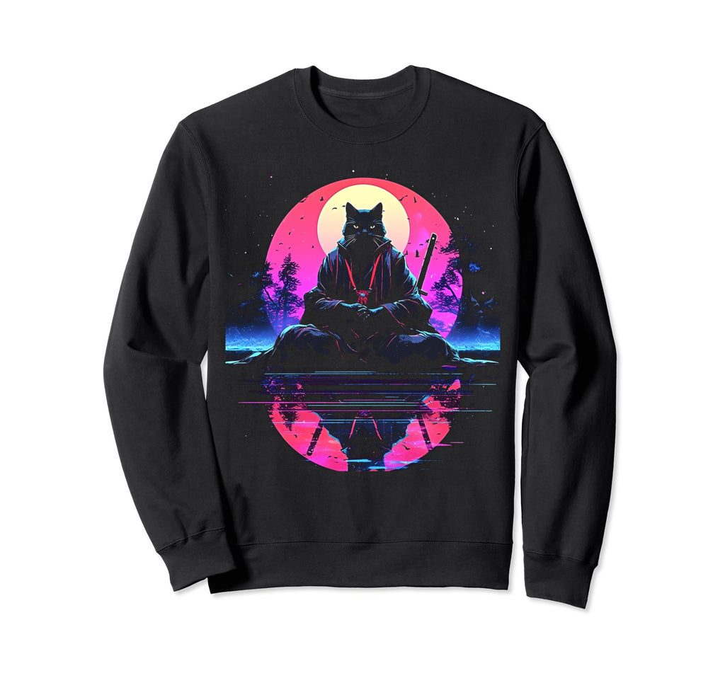 Synthwave Cat Samurai Mediation Sweatshirt - Streetwear Style for Adults - T-Shirt, Sweatshirt, Hoodie
