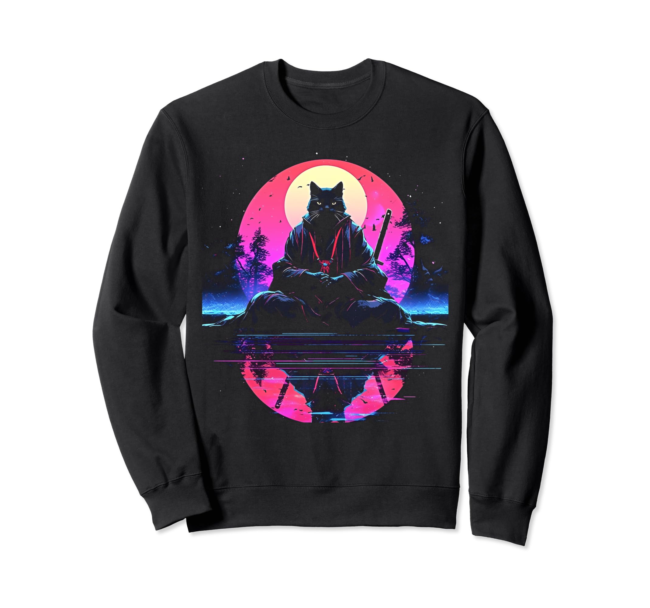 Synthwave Cat Samurai Mediation Sweatshirt - Streetwear Style for Adults - T-Shirt, Sweatshirt, Hoodie