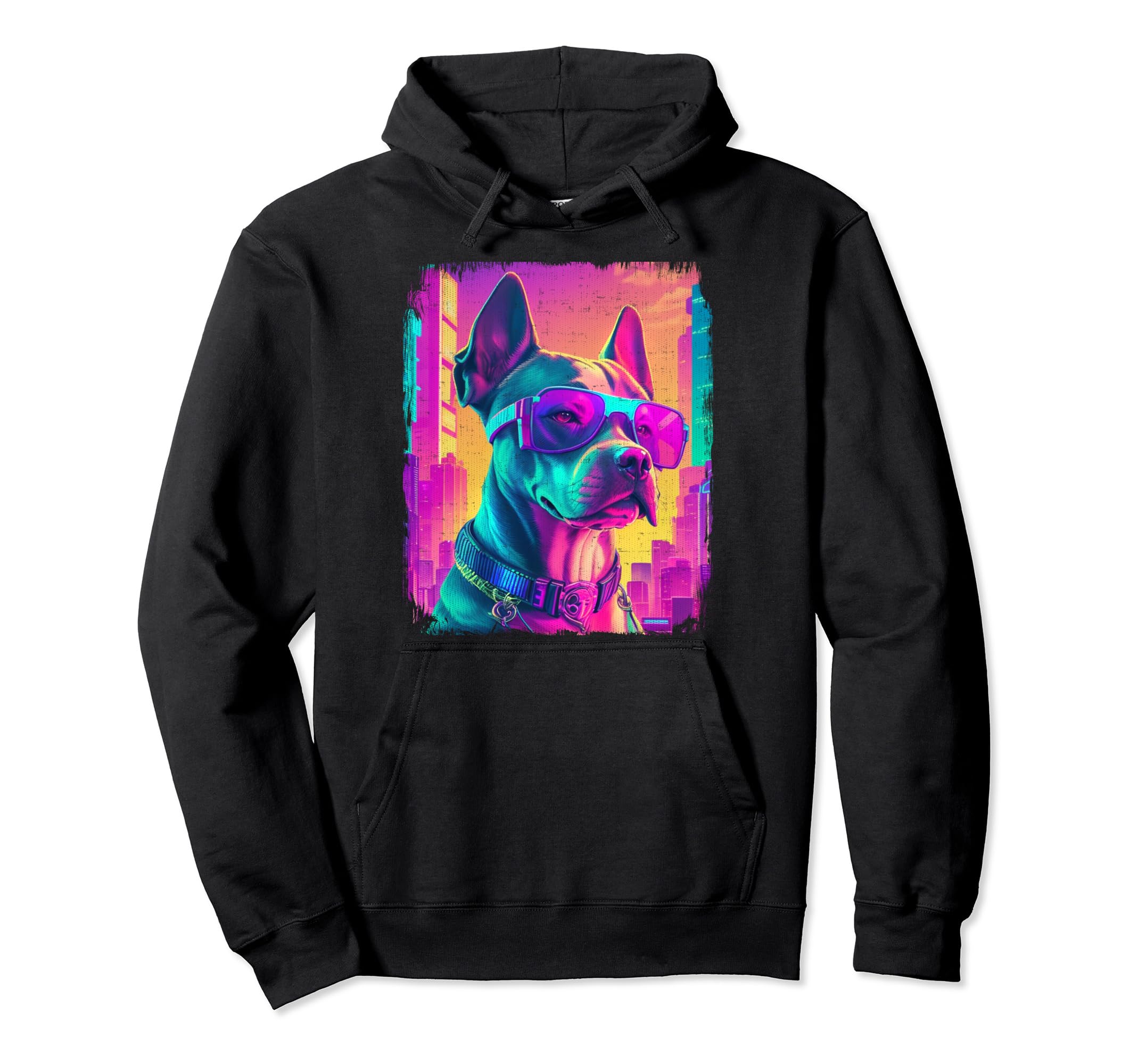 Pit Bull Dog Cyber Vaporwave 80S Synthwave Hoodie - Trendy Graphic Unisex - T-Shirt, Sweatshirt, Hoodie