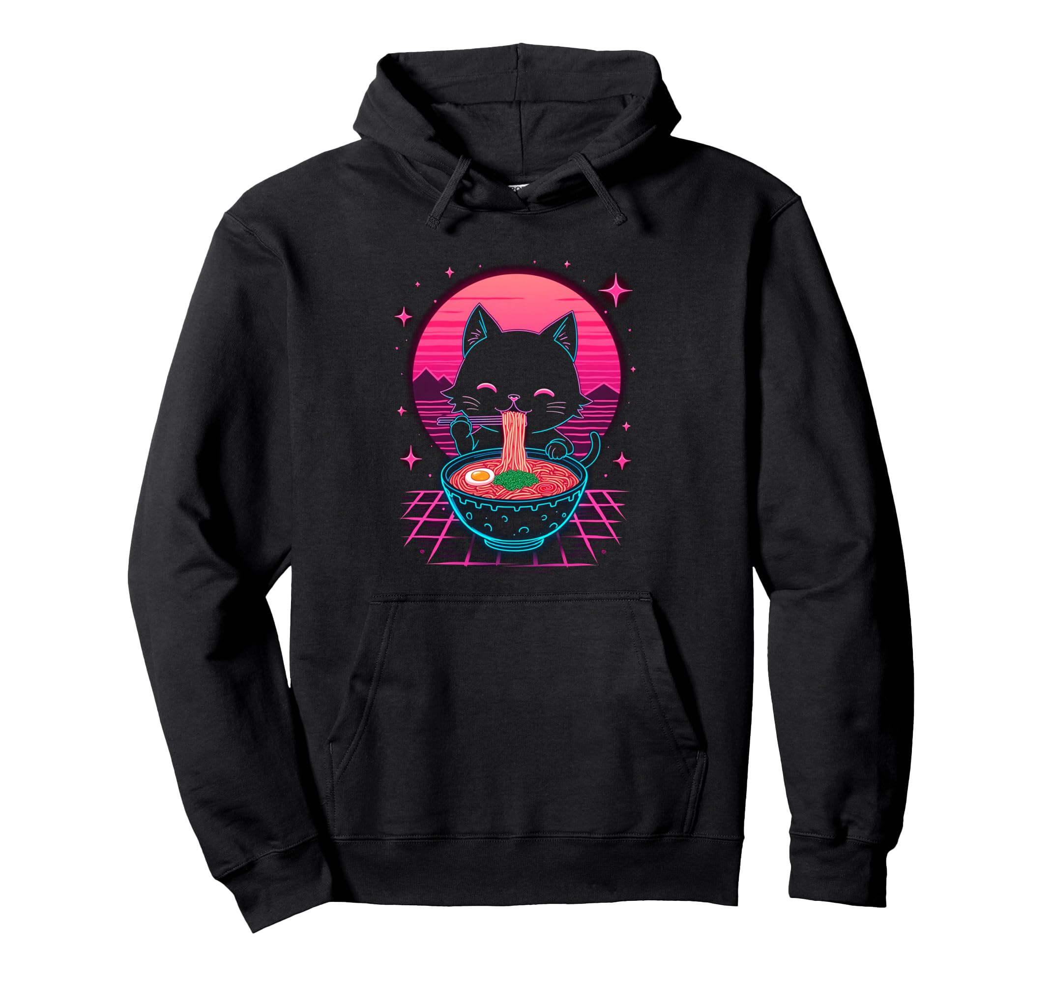 Synthwave Cat Ramen Anime Noodle Hoodie - Aesthetic Graphic Unisex - T-Shirt, Sweatshirt, Hoodie