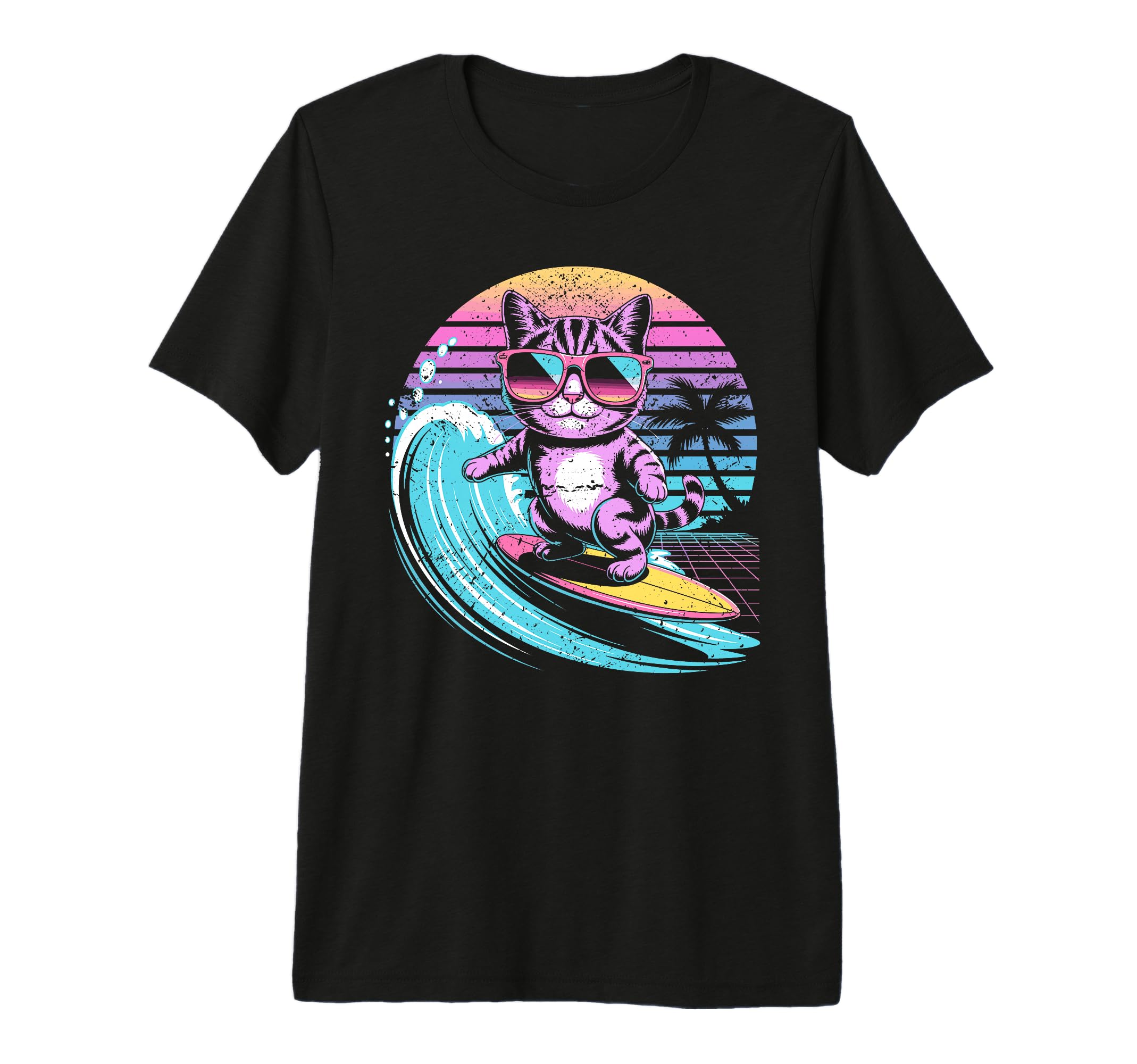 Surfing Cat 80S Synthwave Summer Beach T-Shirt - Unique Graphic Unisex - T-Shirt, Sweatshirt, Hoodie