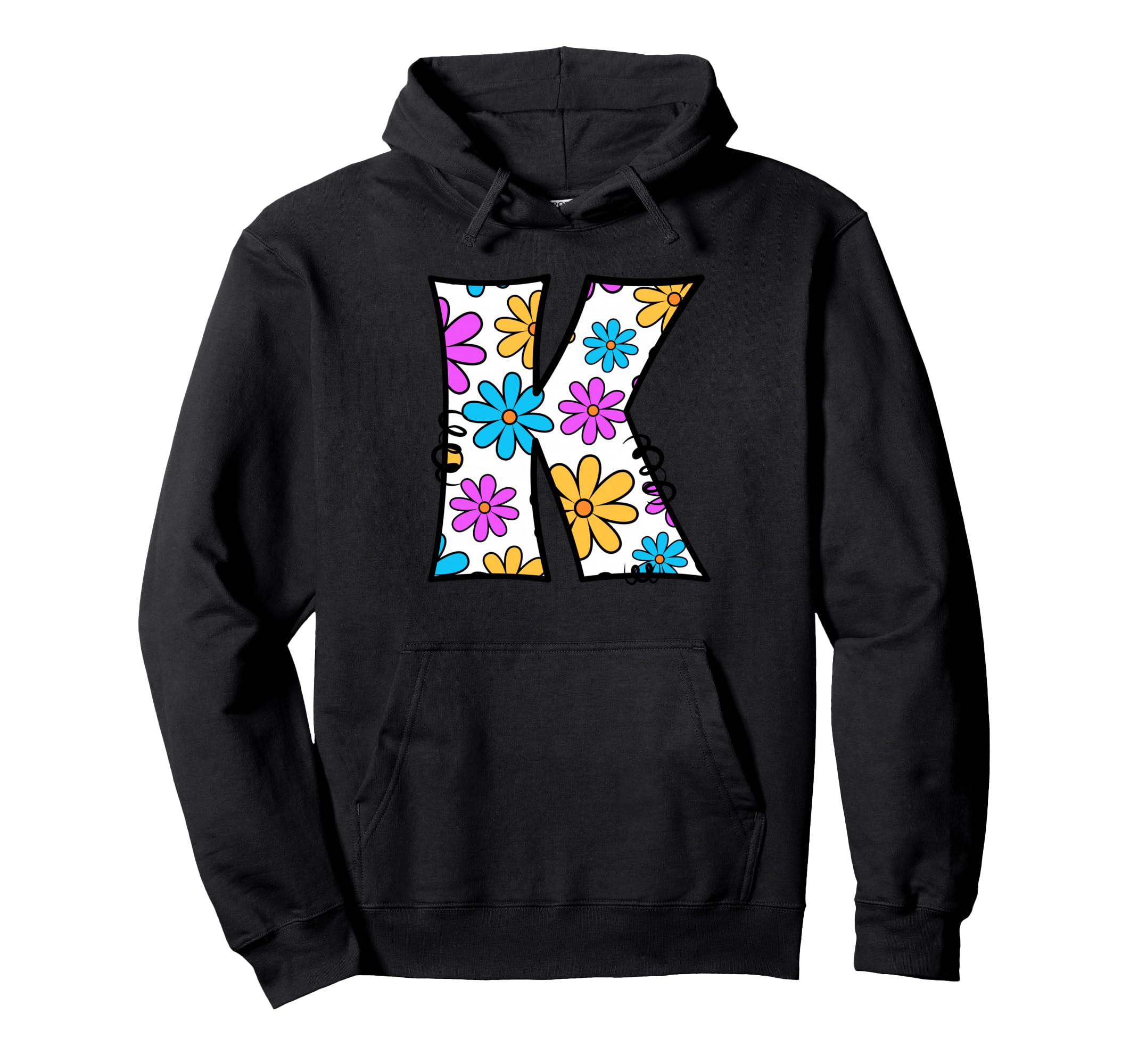 Letter K Daisy Floral Alphabet Hoodie - Trendy Graphic Unisex - T-Shirt, Sweatshirt, Hoodie