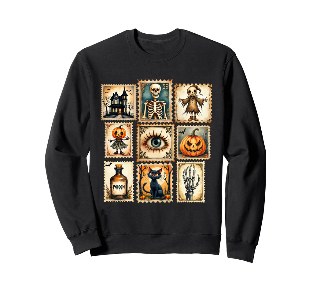 Cat Pumpkin Halloween Postage Stamp Grid Sweatshirt - Unique Graphic Unisex - T-Shirt, Sweatshirt, Hoodie