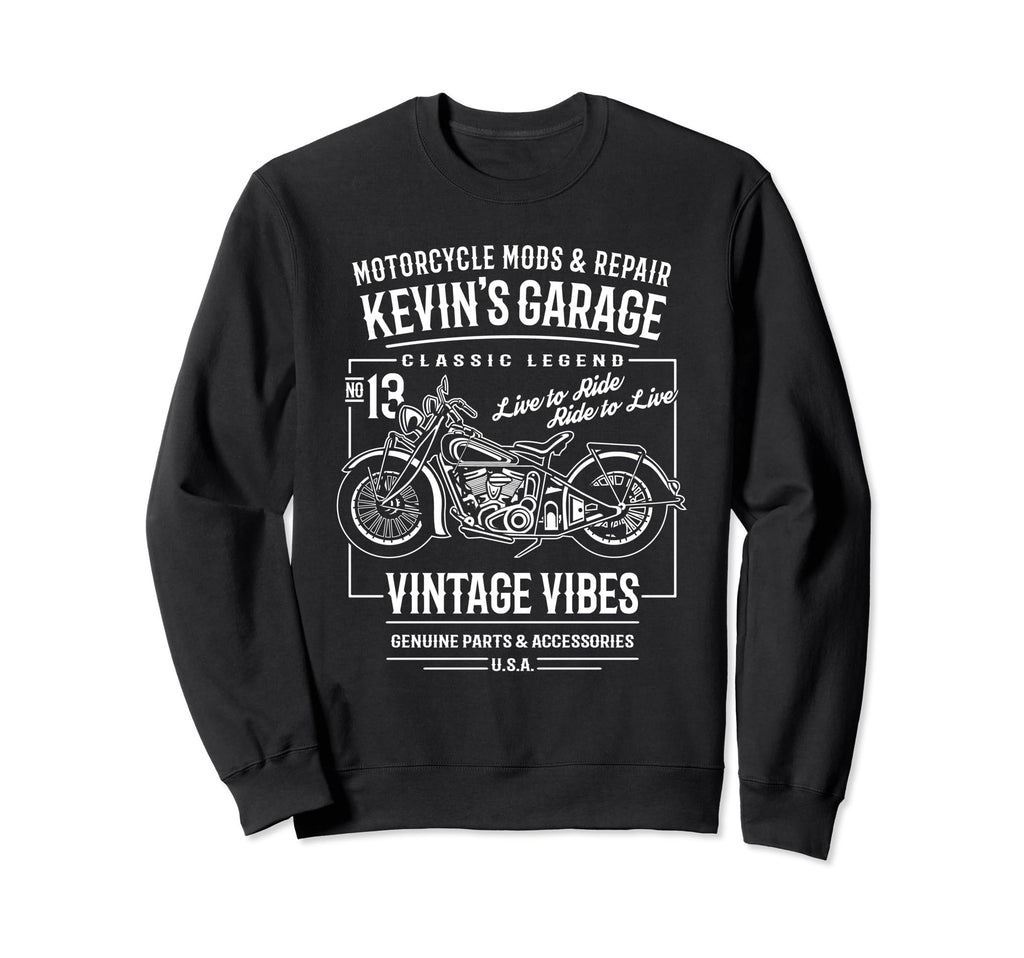 Kevins Garage Motorcycle Name Kevin Sweatshirt - Graphic Print for Adults - T-Shirt, Sweatshirt, Hoodie
