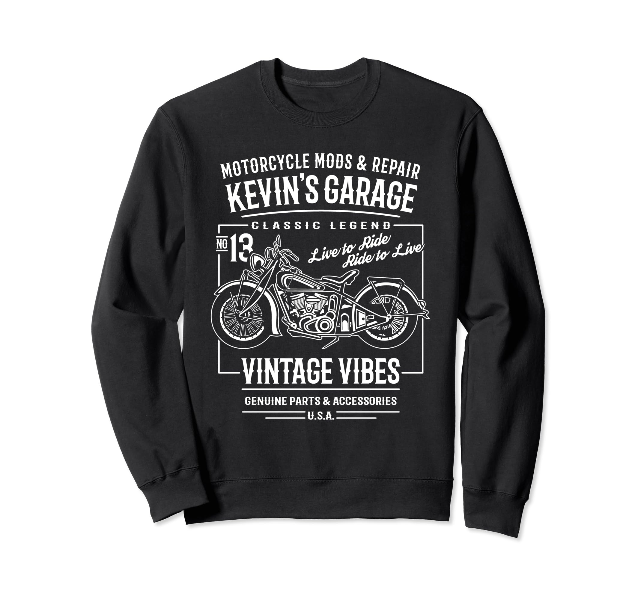 Kevins Garage Motorcycle Name Kevin Sweatshirt - Graphic Print for Adults - T-Shirt, Sweatshirt, Hoodie